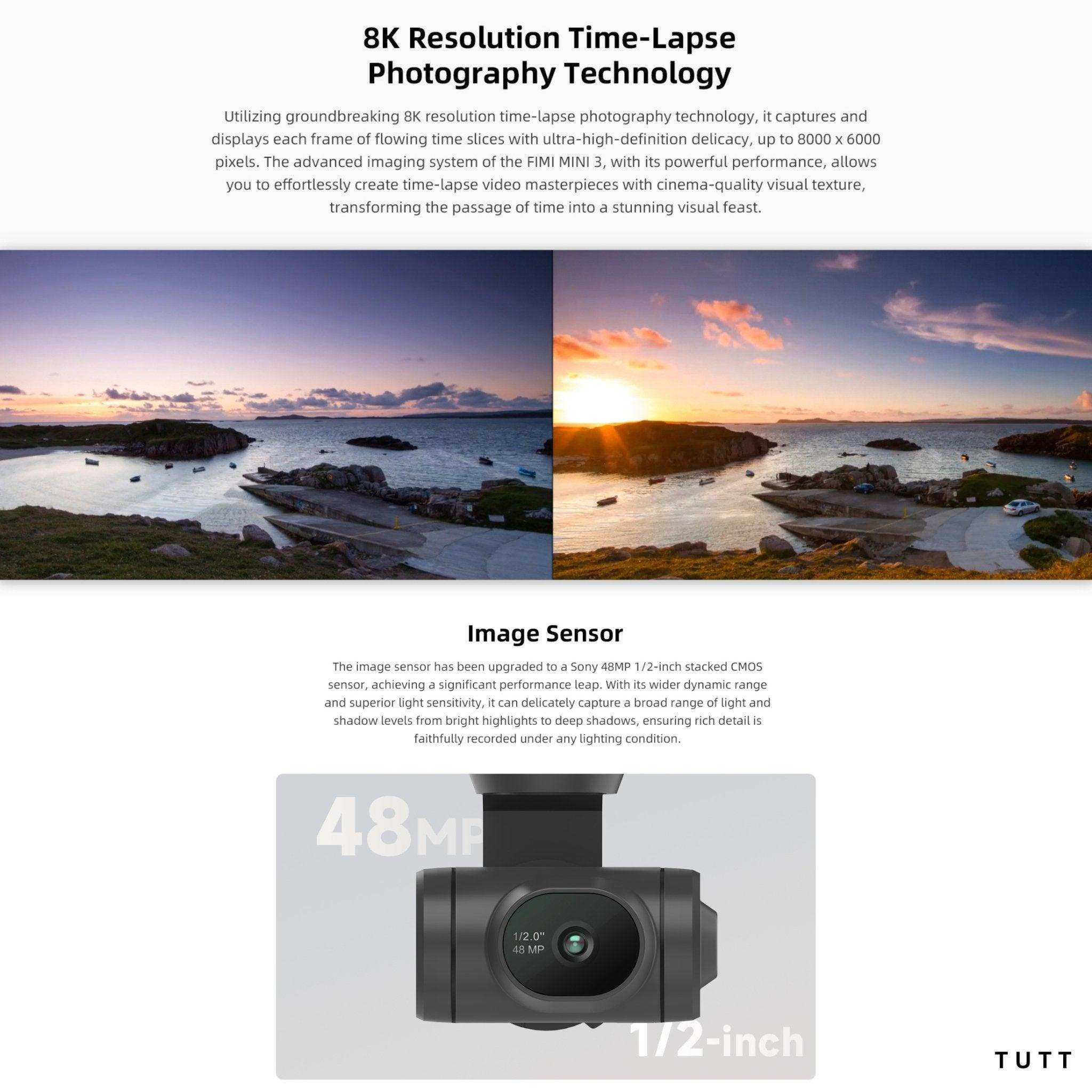 FIMI X8 Mini 3 drone 8K time-lapse feature, 48MP 1/2-inch camera sensor, landscape demo TUTT