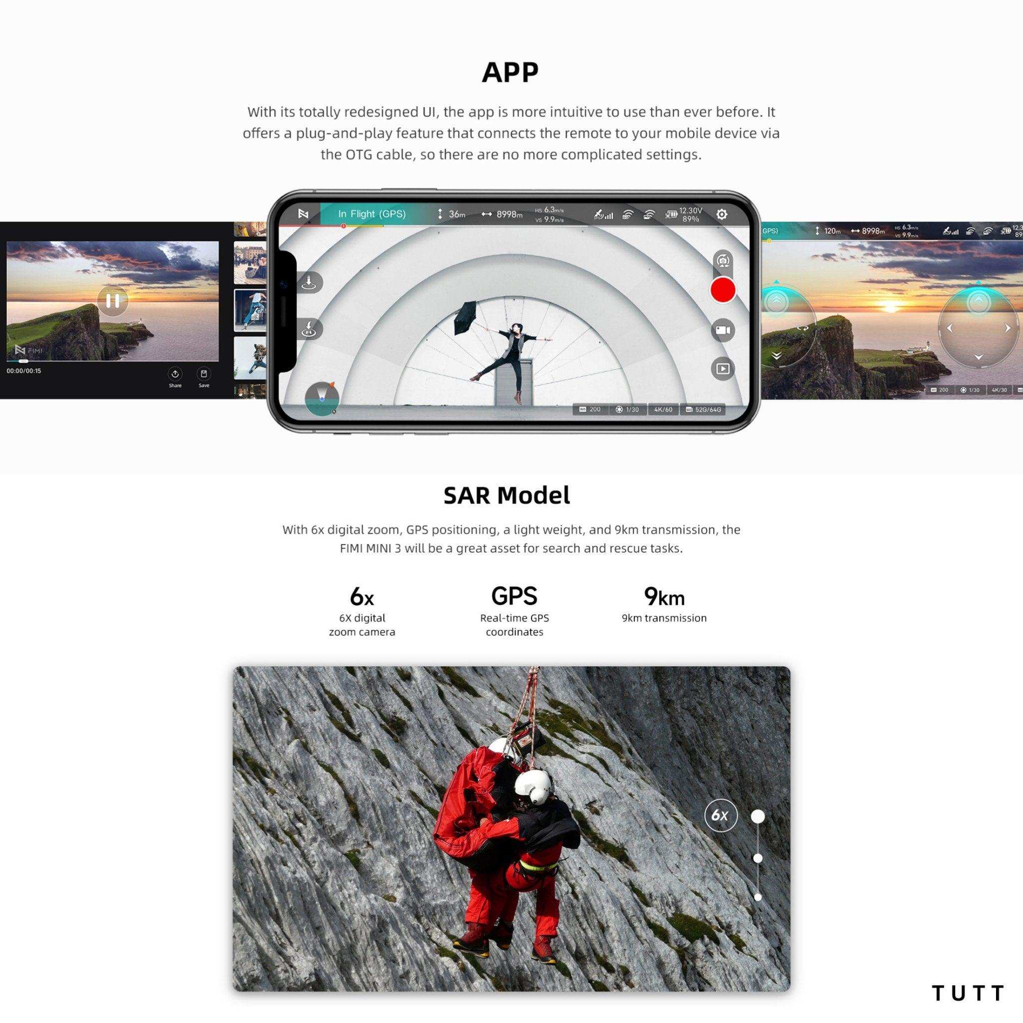 FIMI X8 Mini 3 drone app interface on smartphone, rescue demo with SAR model and mountain setting. TUTT