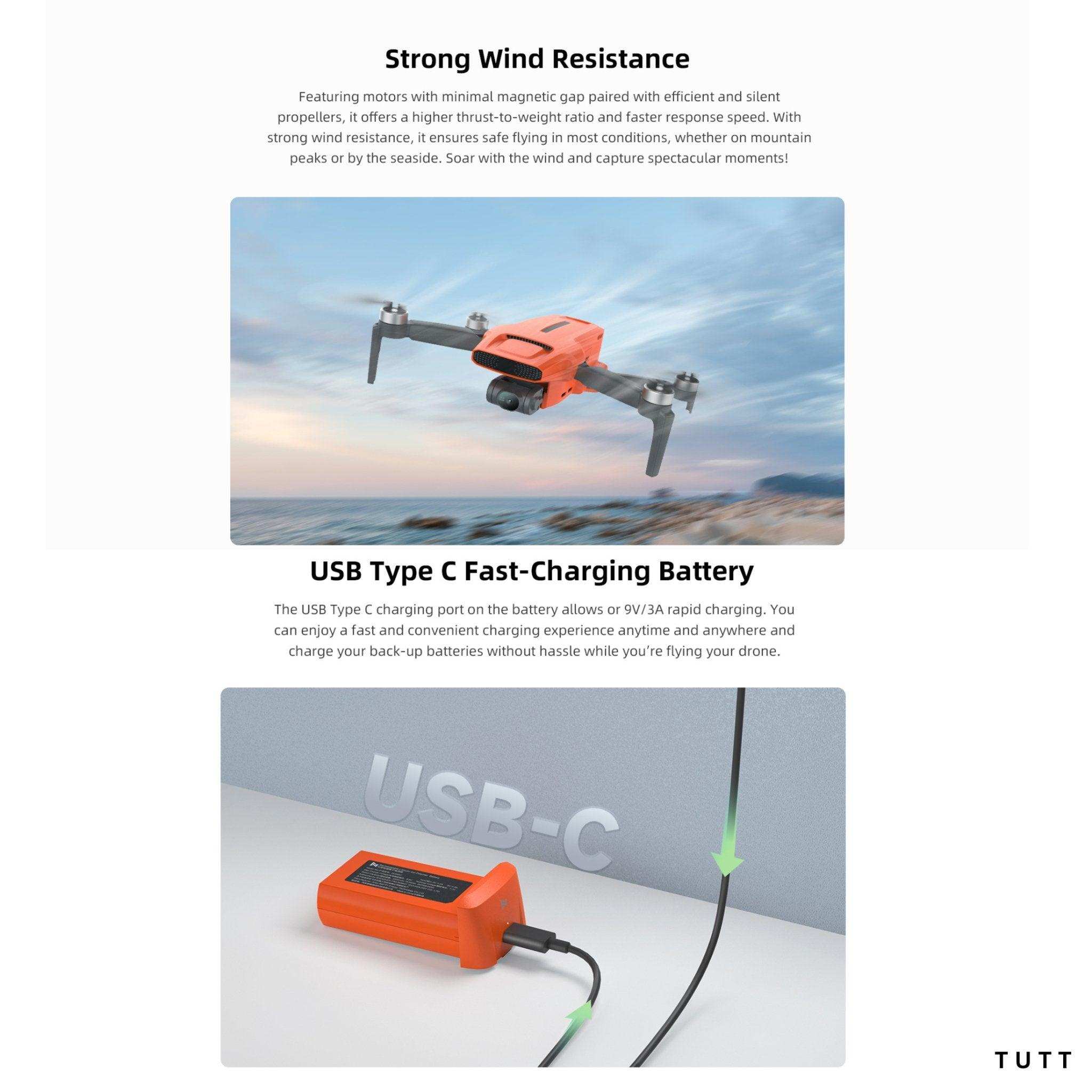 Orange Fimi X8 Mini 3 drone in flight and USB-C battery charging setup, modern background. TUTT