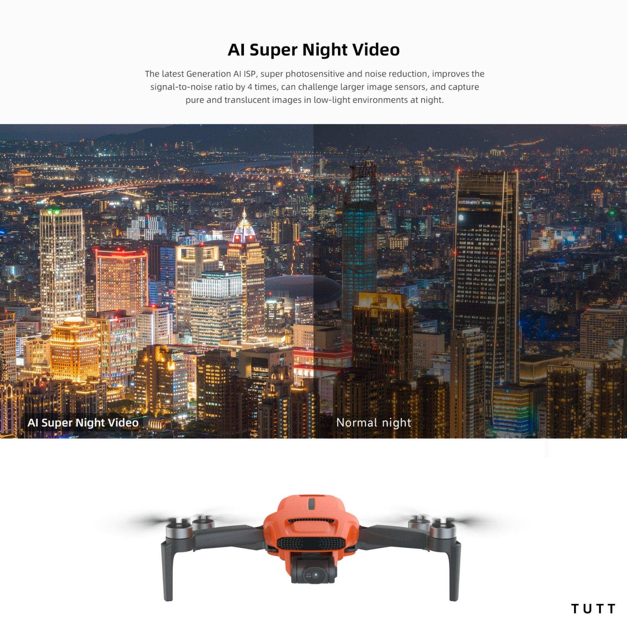 Fimi X8 Mini 3 professional GPS mini drone with 4K camera, displayed below a city nightscape comparison of AI super night video and normal night video. TUTT