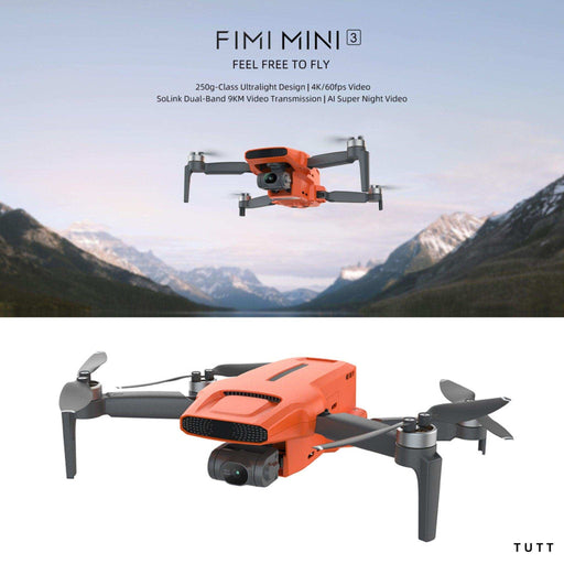 FIMI MINI 3 orange GPS drone flying outdoors with camera, mountains background, close-up view. TUTT