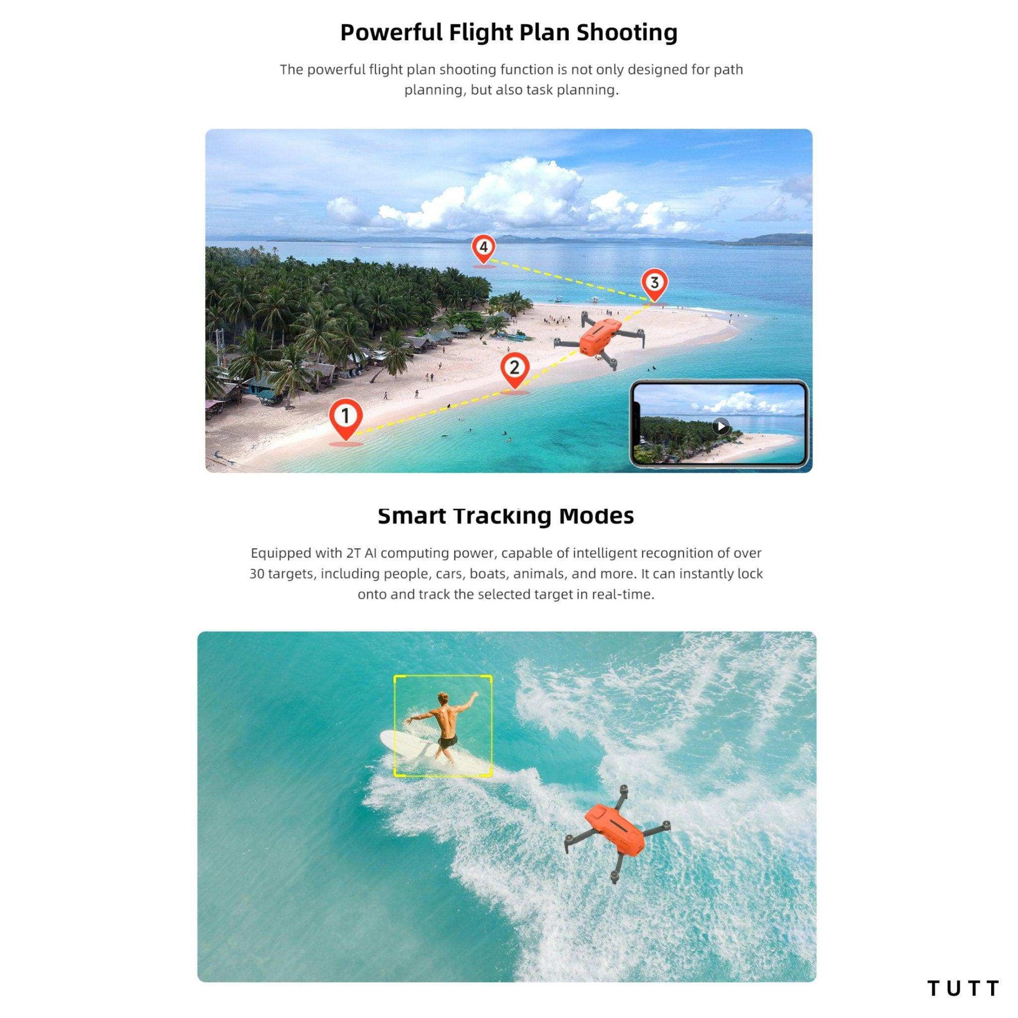 FIMI X8 Mini 3 orange professional drone flying over tropical beach and tracking surfer, GPS FPV 4K camera features shown. TUTT