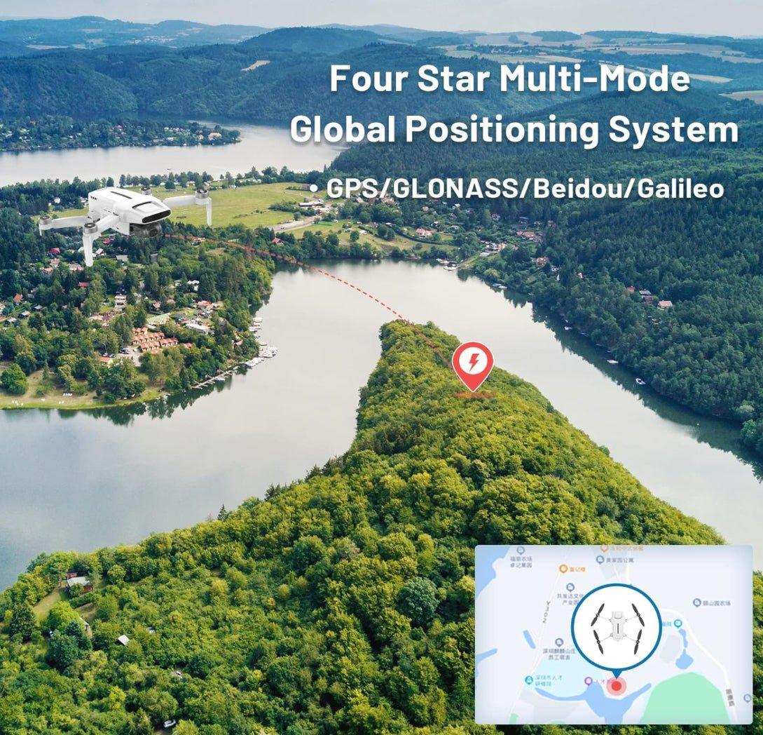 Fimi X8 Mini V2 GPS drone flying over lush green landscape with GPS map overlay and positioning icons, professional 4K camera drone. TUTT