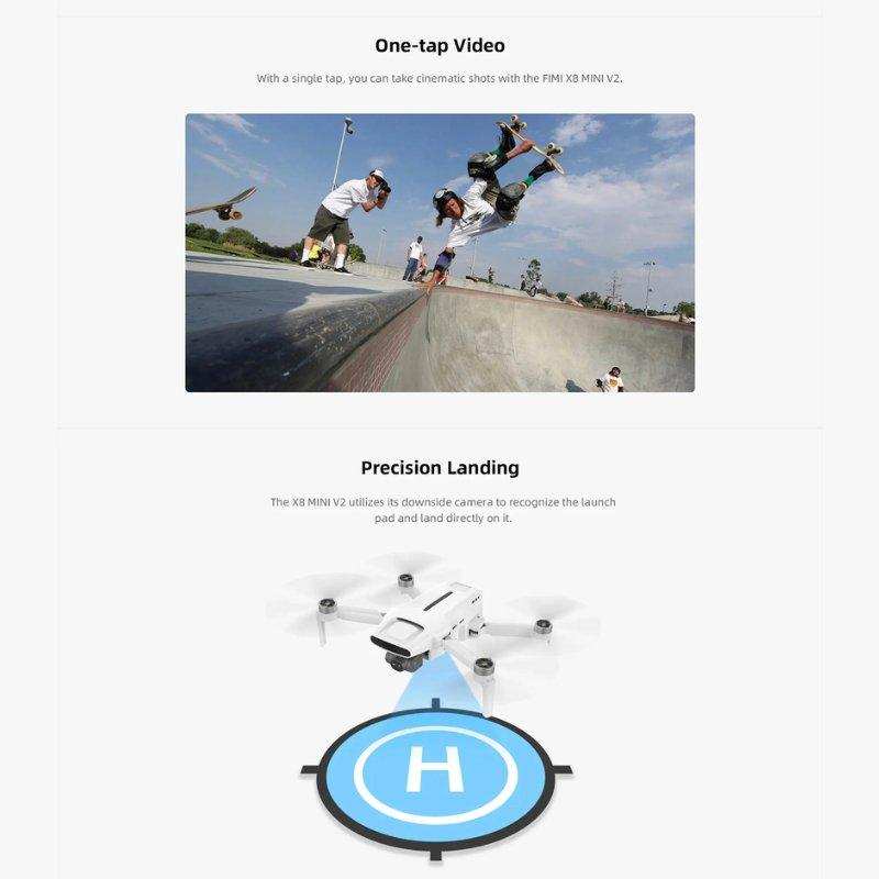 FIMI X8 Mini V2 GPS drone hovers above landing pad and features aerial skatepark video. TUTT