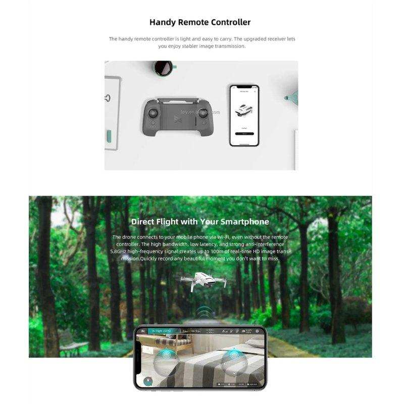 Fimi X8 Mini V2 GPS drone and remote controller with smartphone app display in forest setting. TUTT