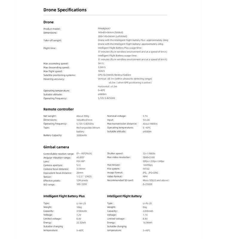 FIMI X8 Mini V2 GPS drone specifications list, features 4K camera, 245g weight, 31 mins flight. TUTT