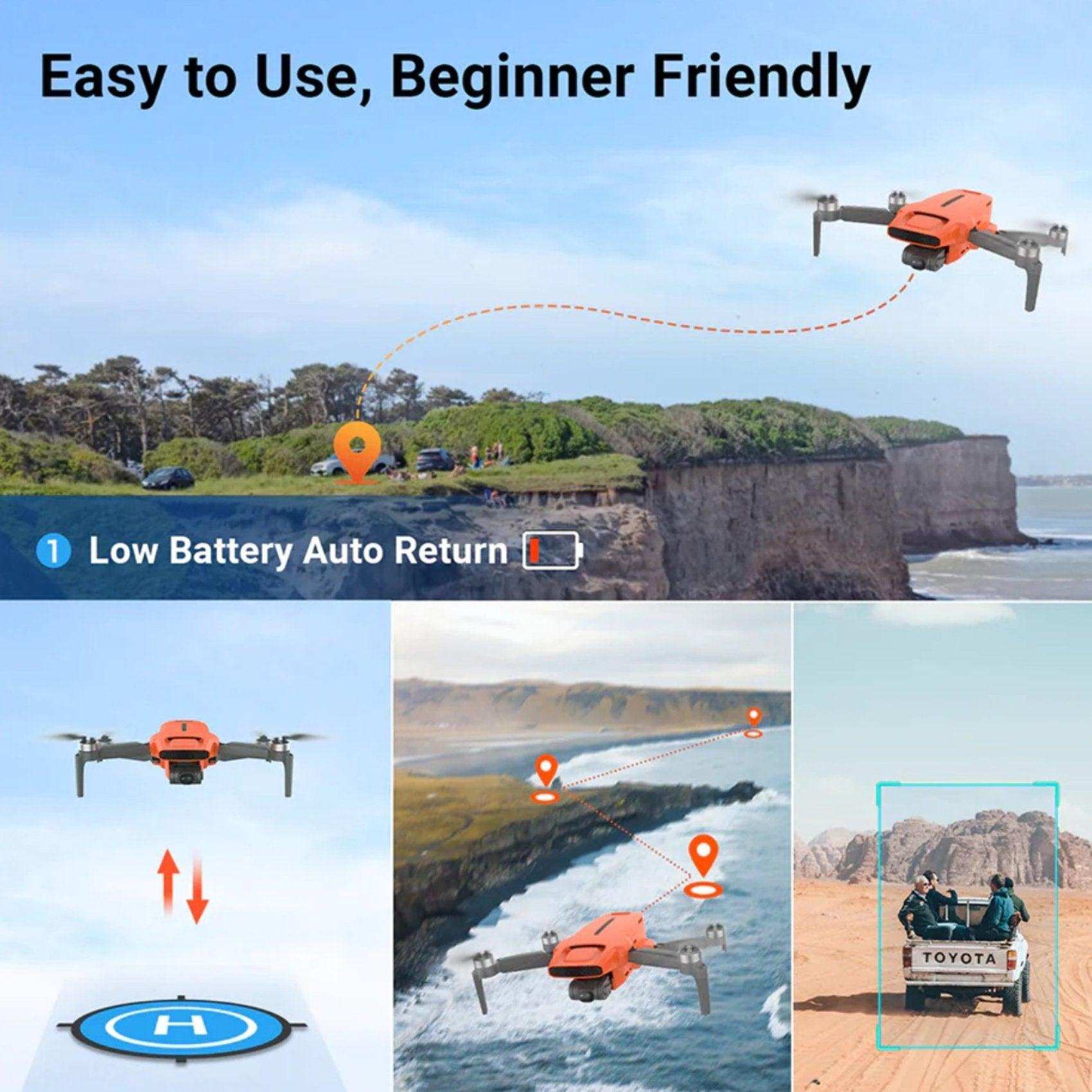 FIMI X8 Mini V2 orange GPS drone flying over cliffs, shown with route tracking and Toyota truck, TUTT
