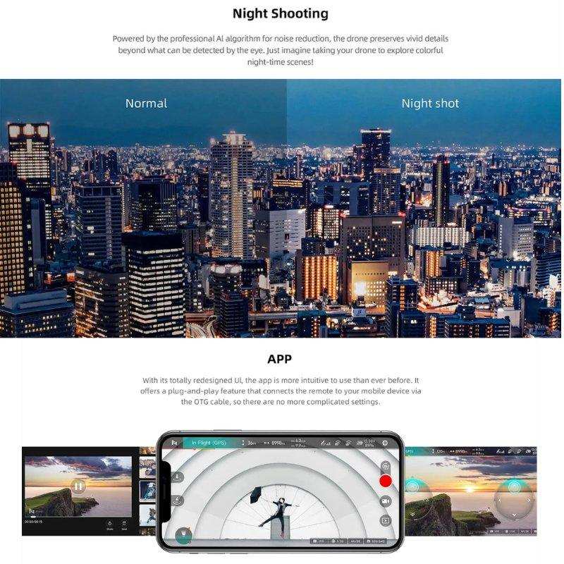 FIMI X8 Mini V2 drone night shooting comparison over a cityscape and app interface on smartphone, TUTT