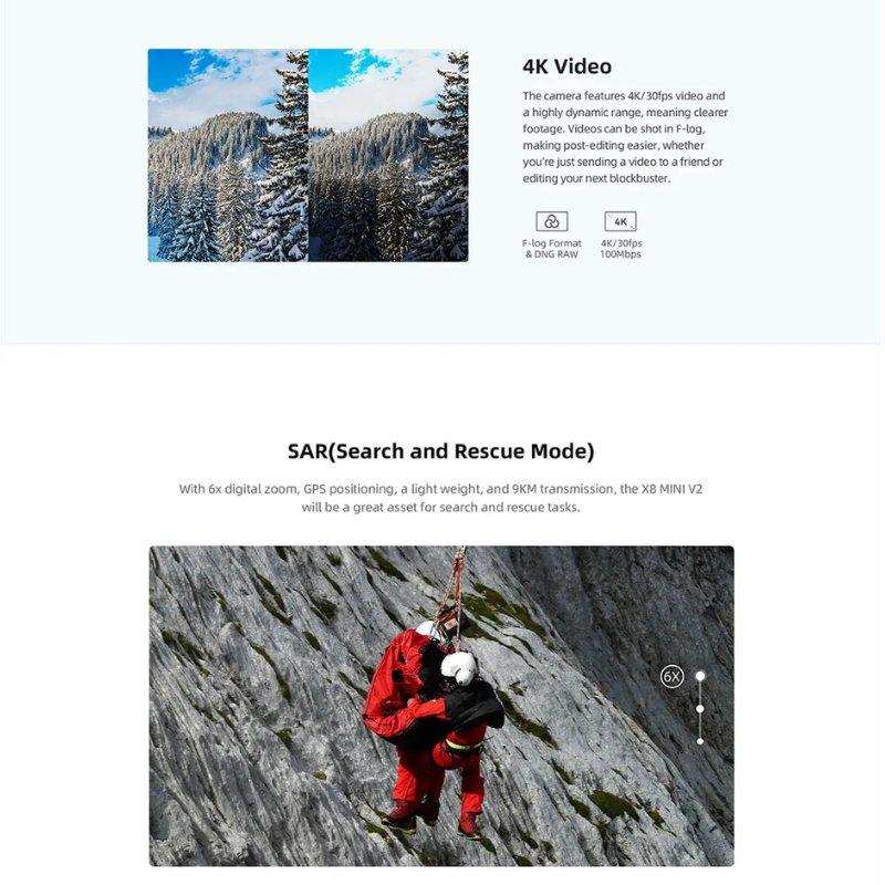 Comparison of snowy mountain landscape in 4K video and SAR rescue on rocky cliff, Fimi X8 Mini V2 drone. TUTT