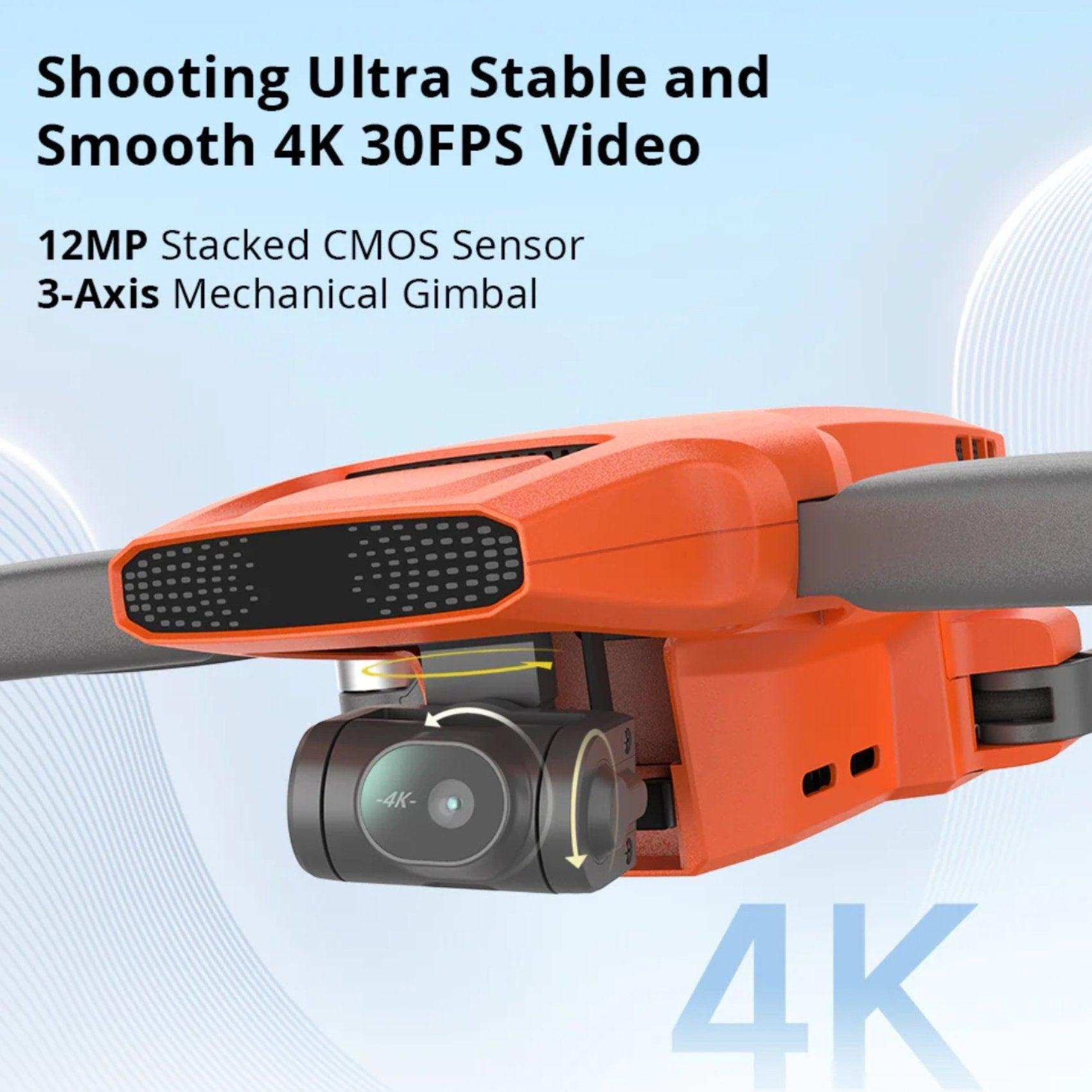 Close-up of orange Fimi X8 Mini V2 GPS drone with 4K camera and 3-axis gimbal. TUTT