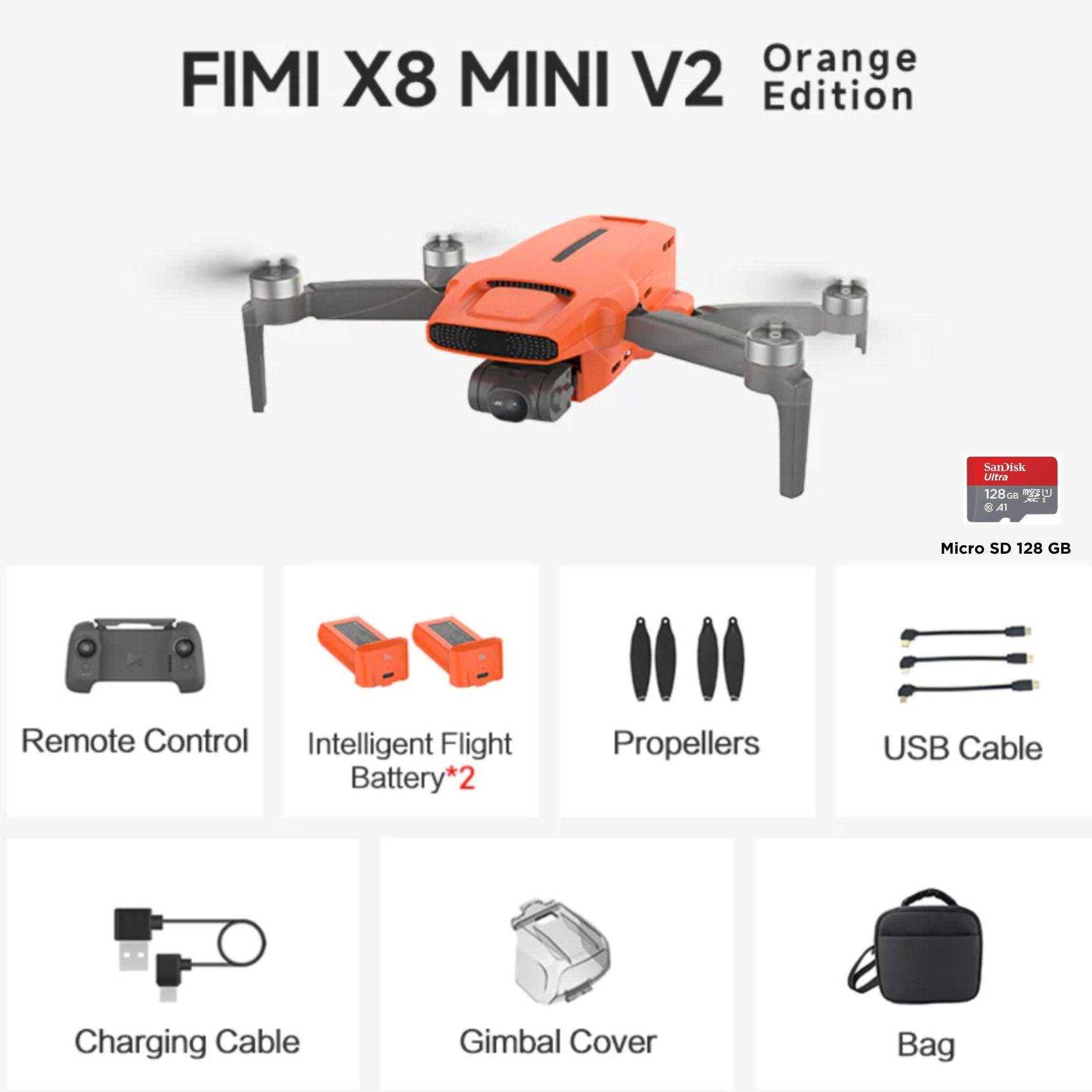 FIMI X8 Mini V2 orange drone kit with 4K camera, remote, batteries, SD card, and accessories. TUTT