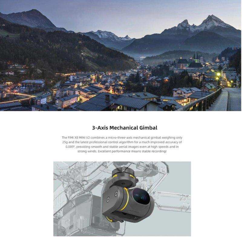 FIMI X8 Mini V2 GPS drone with 3-axis gimbal and 4K camera, cityscape and mountains background TUTT