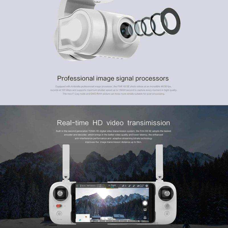 Fimi X8SE 2022 drone camera close-up and remote control showing HD video transmission, outdoor mountains. TUTT