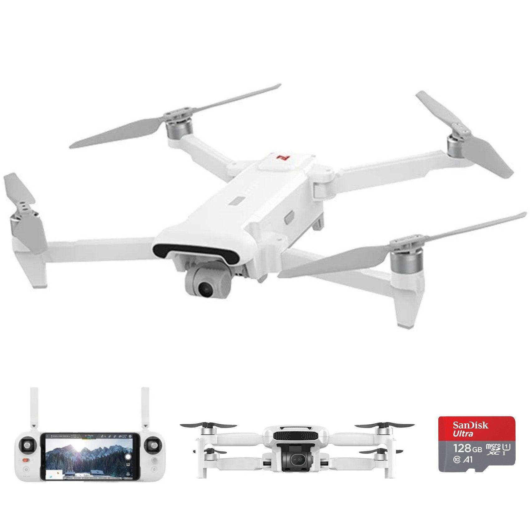 FIMI X8SE 2022 V2 white drone with camera, remote controller, and 128GB SanDisk microSD card TUTT