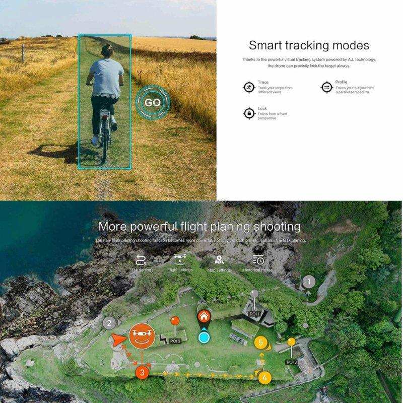 Fimi X8SE drone AI smart tracking mode follows cyclist on rural path, aerial map overlay, GPS 4K camera features. TUTT