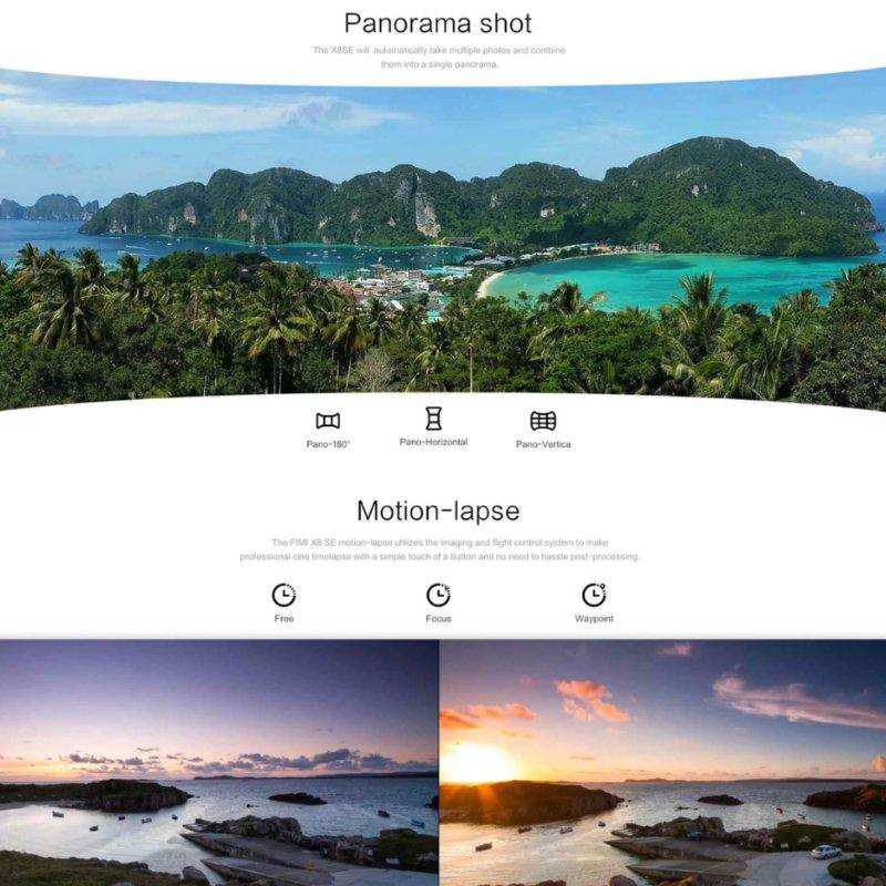 FIMI X8 SE drone panorama and motion-lapse camera features, tropical landscape, sunset TUTT