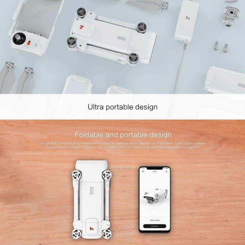Foldable Fimi X8SE 2022 V2 4K drone and smartphone app on wooden surface, ultra portable design TUTT