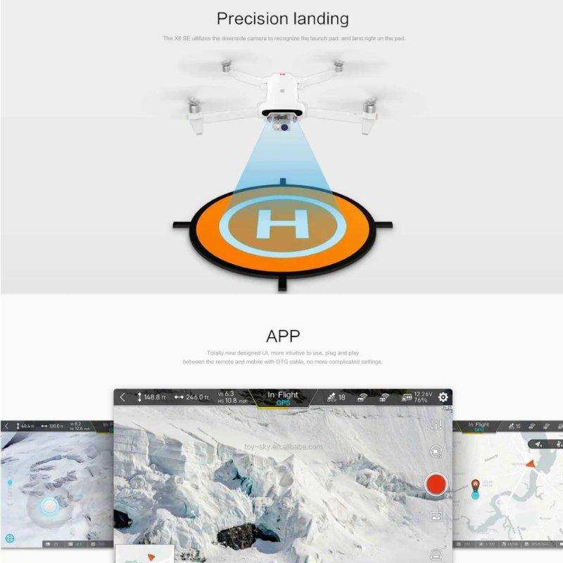 Fimi X8SE 2022 V2 drone performing precision landing on orange helipad with GPS app interface, 4K camera, foldable RC quadcopter. TUTT