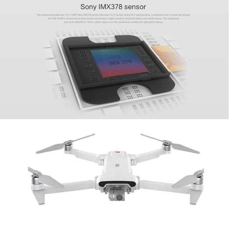 FIMI X8SE 2022 V2 drone with foldable arms and Sony IMX378 sensor, white quadcopter. TUTT
