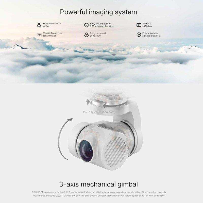 FIMI X8SE 2022 V2 drone camera with 3-axis gimbal and specs over cloudy sky, professional GPS 4K quadcopter. TUTT