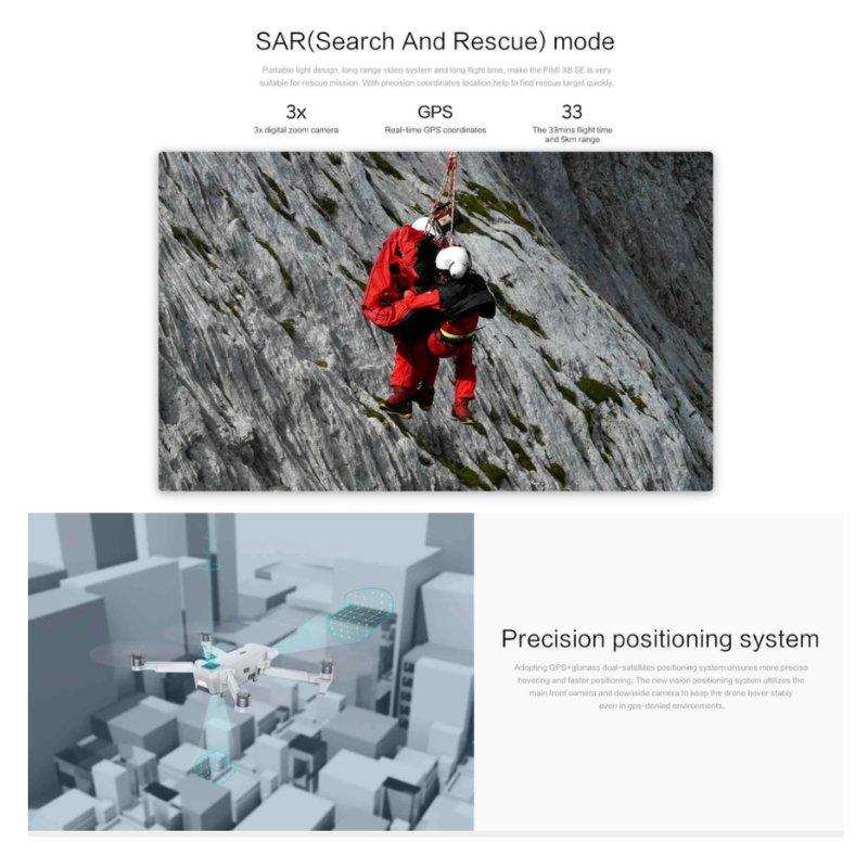 FIMI X8SE 2022 V2 drone used for search and rescue on cliffs, showing 3-axis gimbal, GPS, and precision positioning system. TUTT