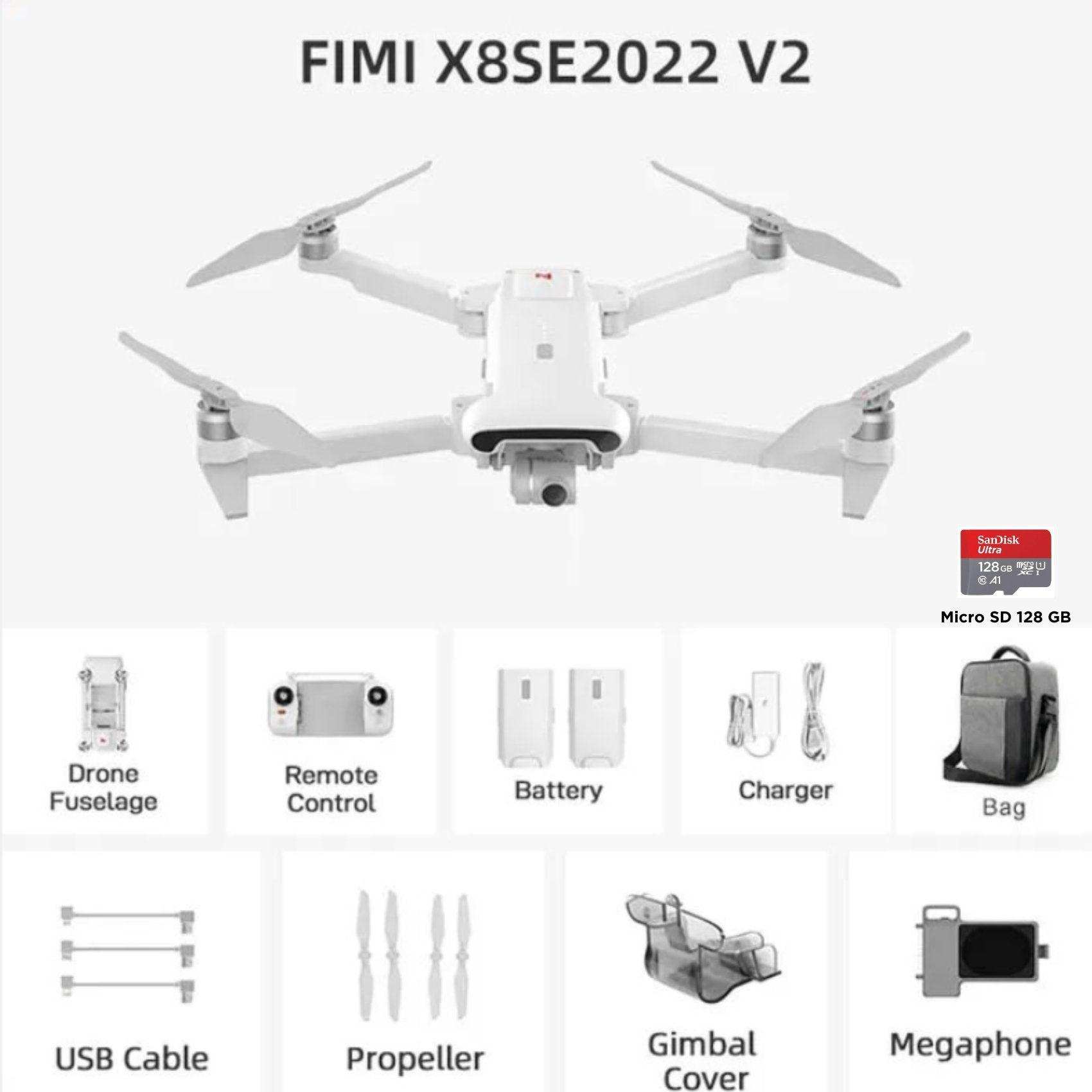 FIMI X8SE 2022 V2 drone kit with camera, batteries, remote, propellers, SD card, and bag. TUTT