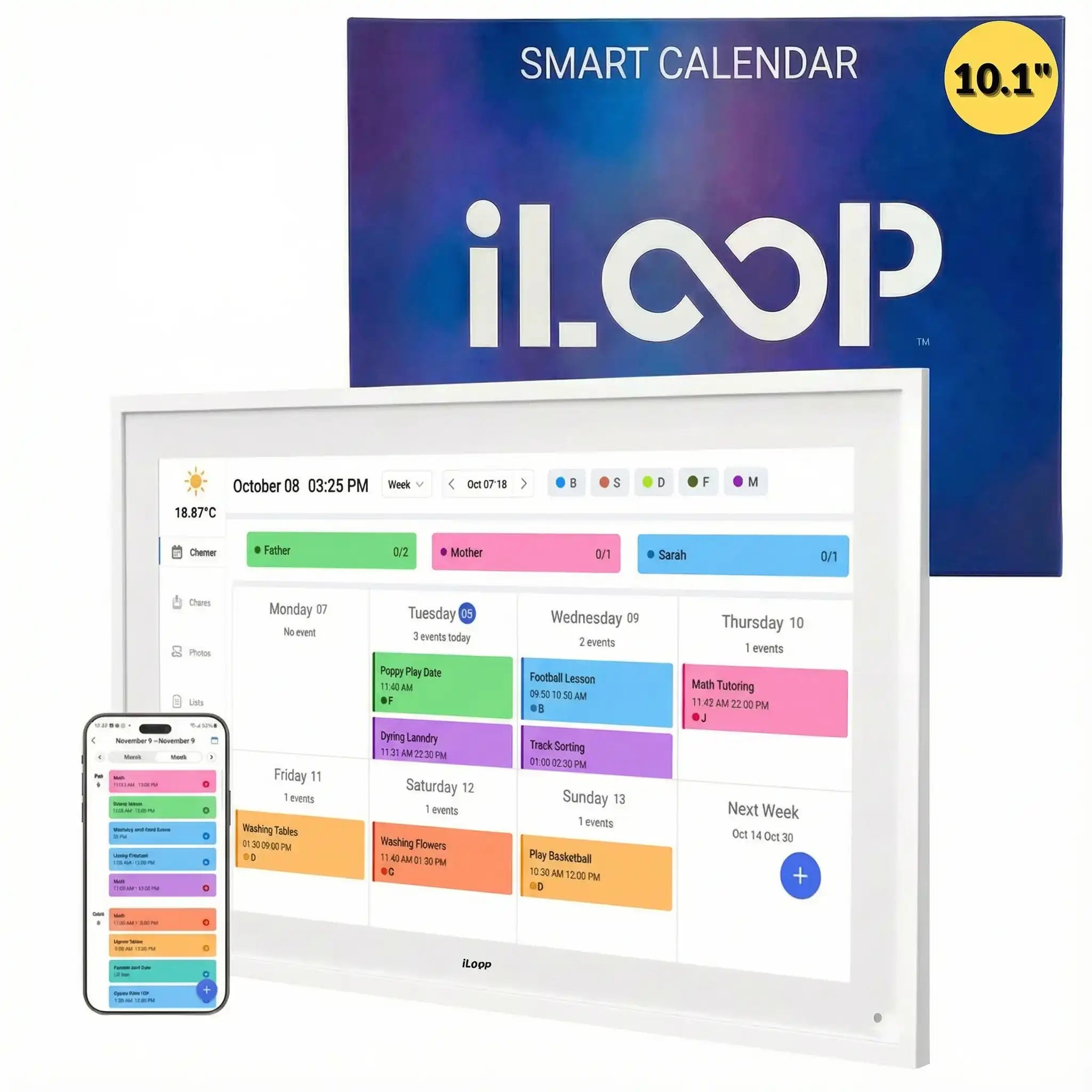 iLoop 10.1-inch digital smart calendar with touchscreen, event display, and mobile sync, TUTT