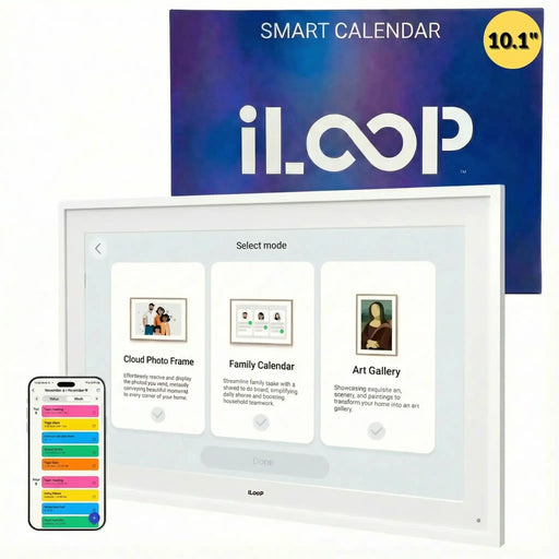 10.1-inch iLoop digital smart calendar with touchscreen, three display modes, and mobile sync. TUTT