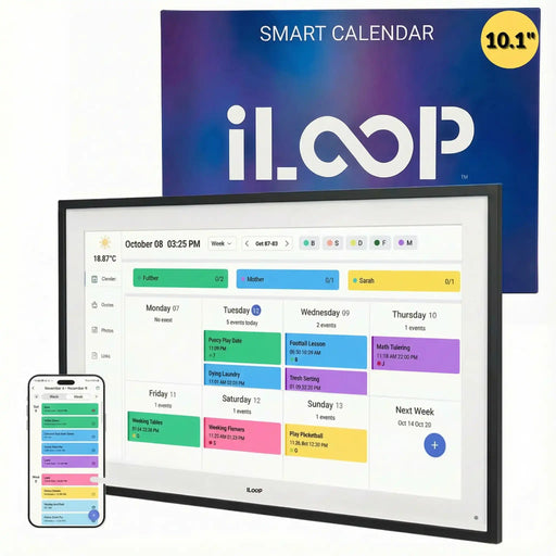 10.1-inch iLoop digital calendar smart display and smartphone app showing color-coded schedule, TUTT