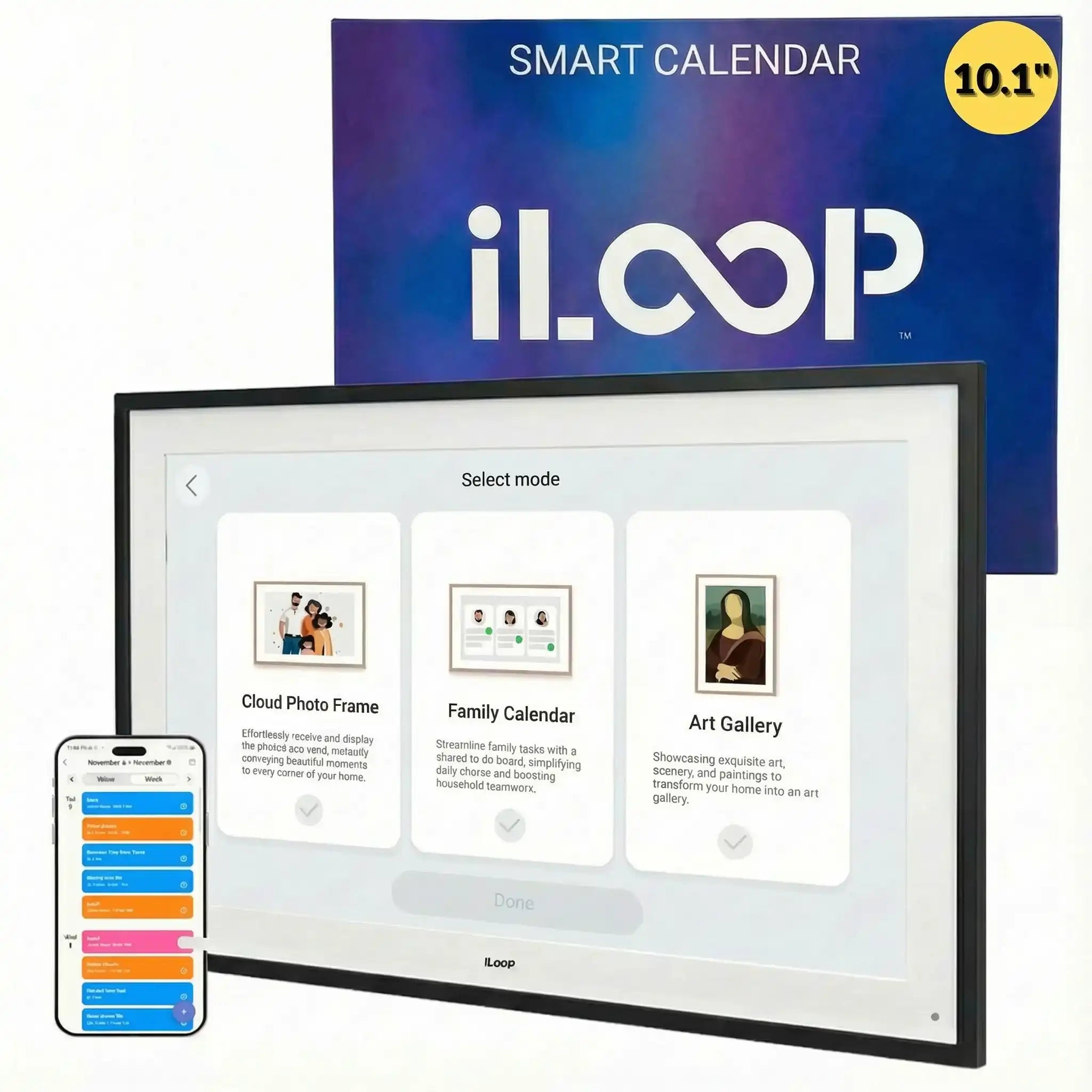 10.1-inch iLoop digital smart calendar display with touchscreen, calendar, photo frame, and art gallery modes shown next to a smartphone, TUTT