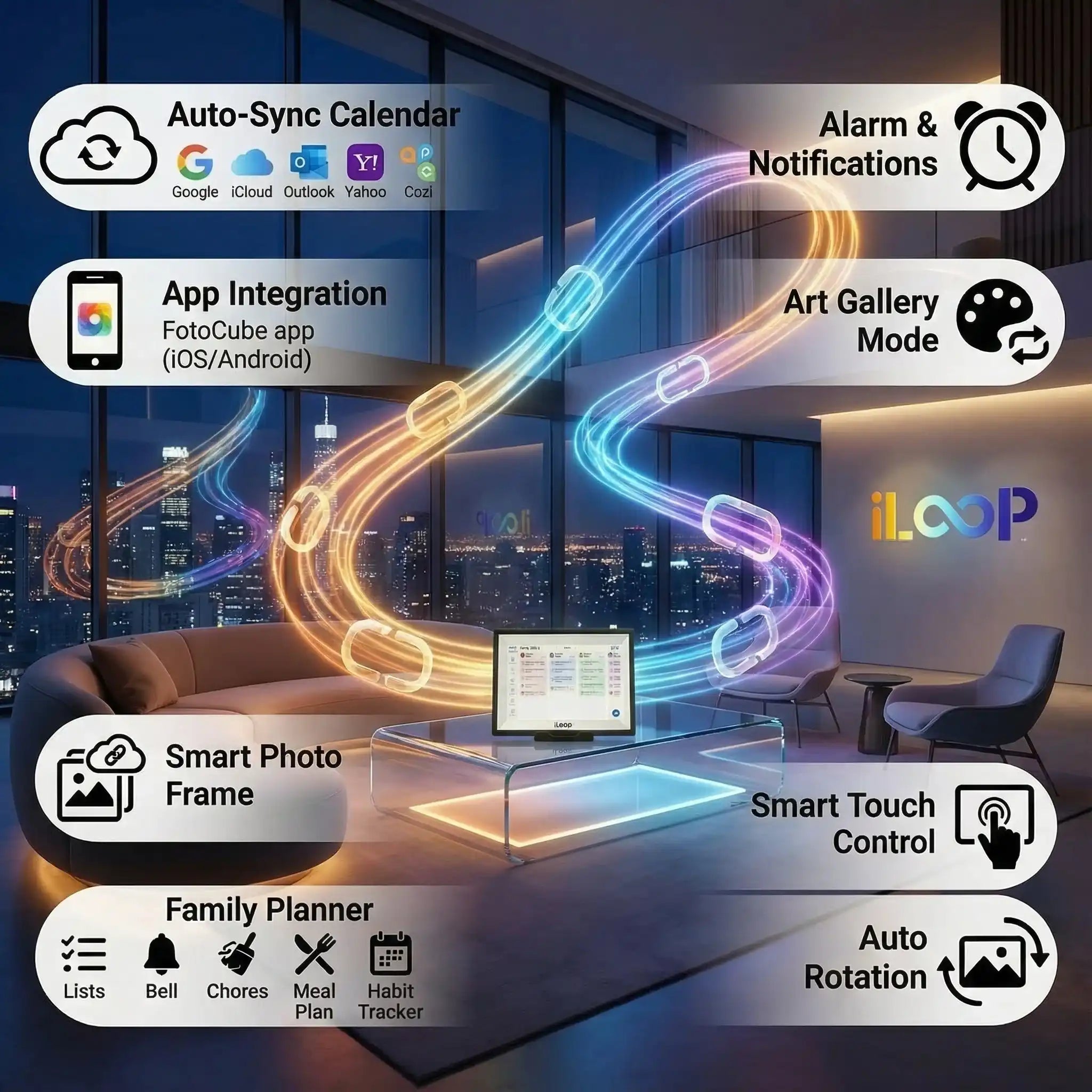 iLoop digital calendar and photo frame with smart touch display, family planner, app integration, and art gallery mode on a modern glass table in a city-view living room, featuring colorful neon accents. TUTT