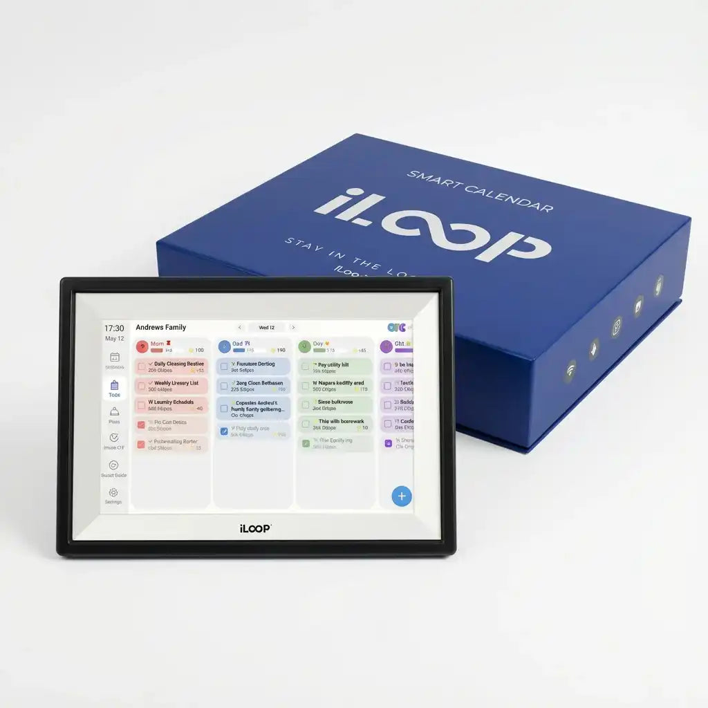 iLoop 10.1 inch digital smart calendar touchscreen with digital schedule display and blue packaging box, TUTT