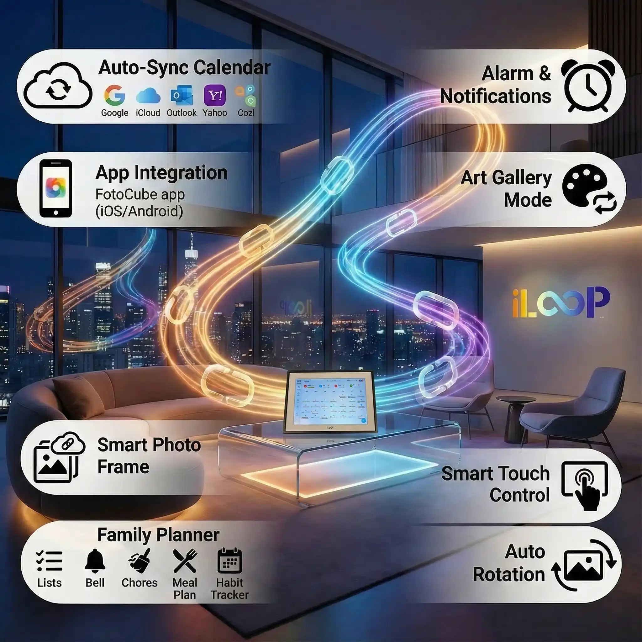iLoop 10.1 digital smart calendar and photo frame on a modern glass table, displaying features like calendar sync, notifications, app integration, art gallery mode, family planner, smart touch control, auto rotation, and Wi-Fi photo sharing. TUTT