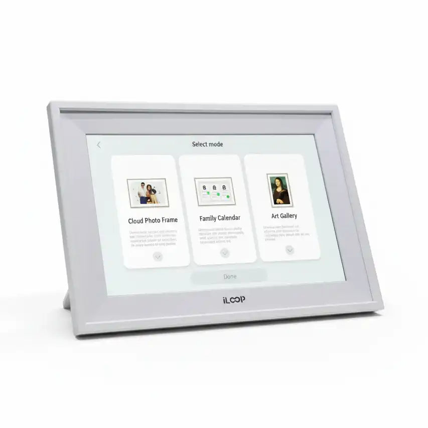 Smart digital calendar and photo frame with touchscreen display showing family organizer modes, TUTT