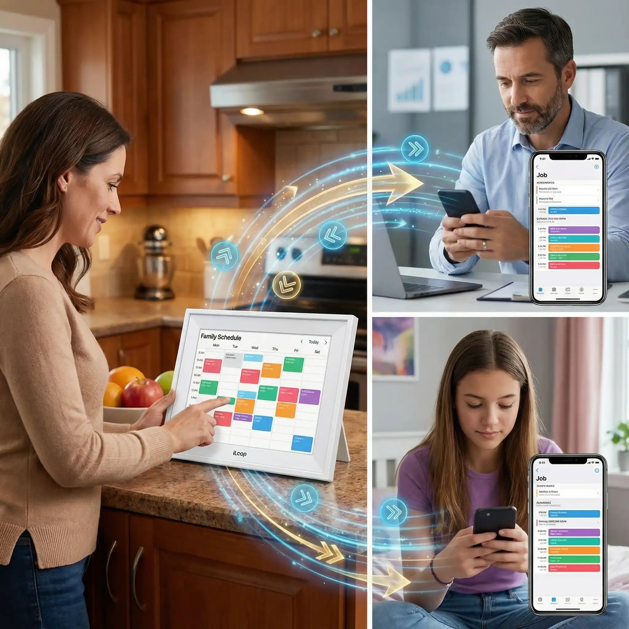 Smart digital family calendar and chore chart touchscreen, syncing schedules to smartphones in a home and office setting, TUTT