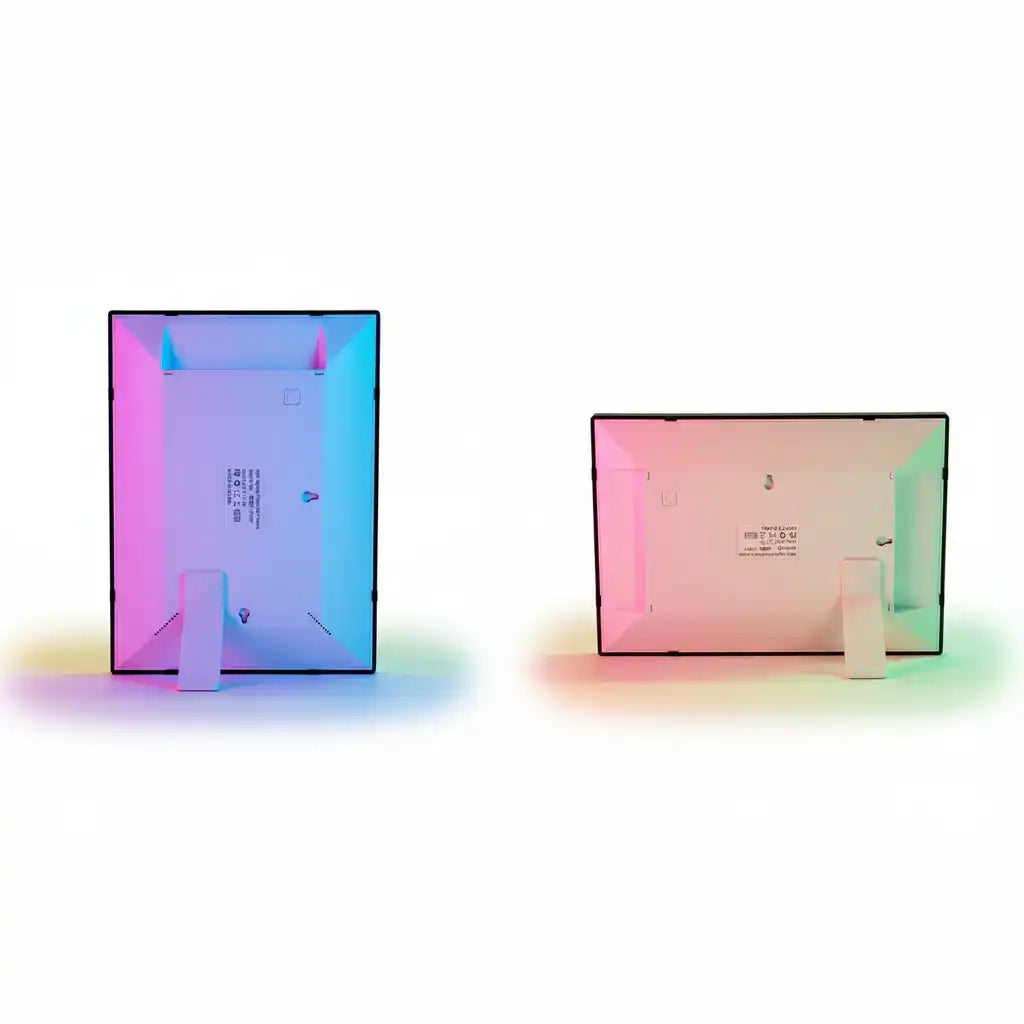 Back view of two smart digital calendars with colorful LED lighting and fold-out stands, TUTT