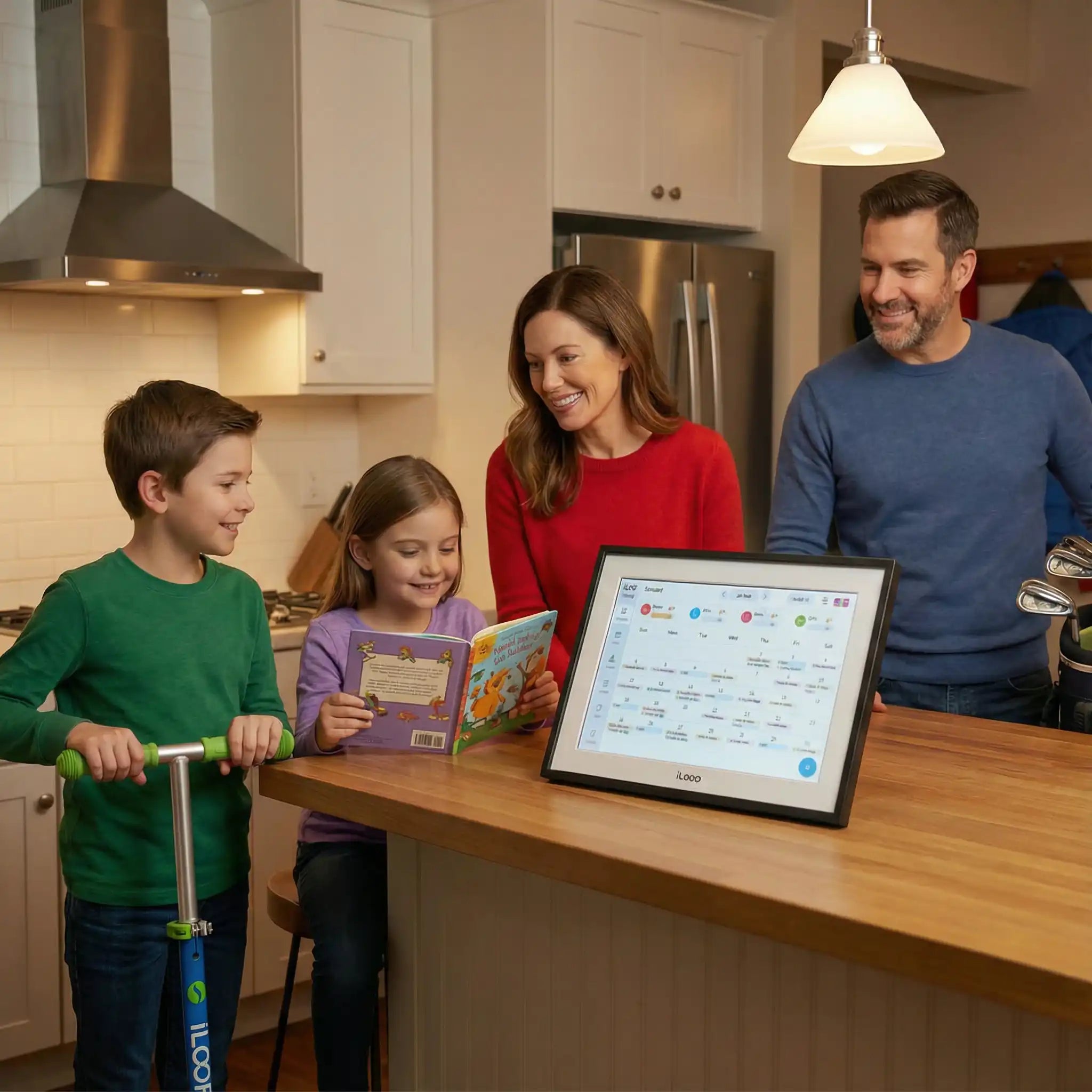 Smiling family uses smart digital calendar and chore chart touchscreen display in kitchen, TUTT