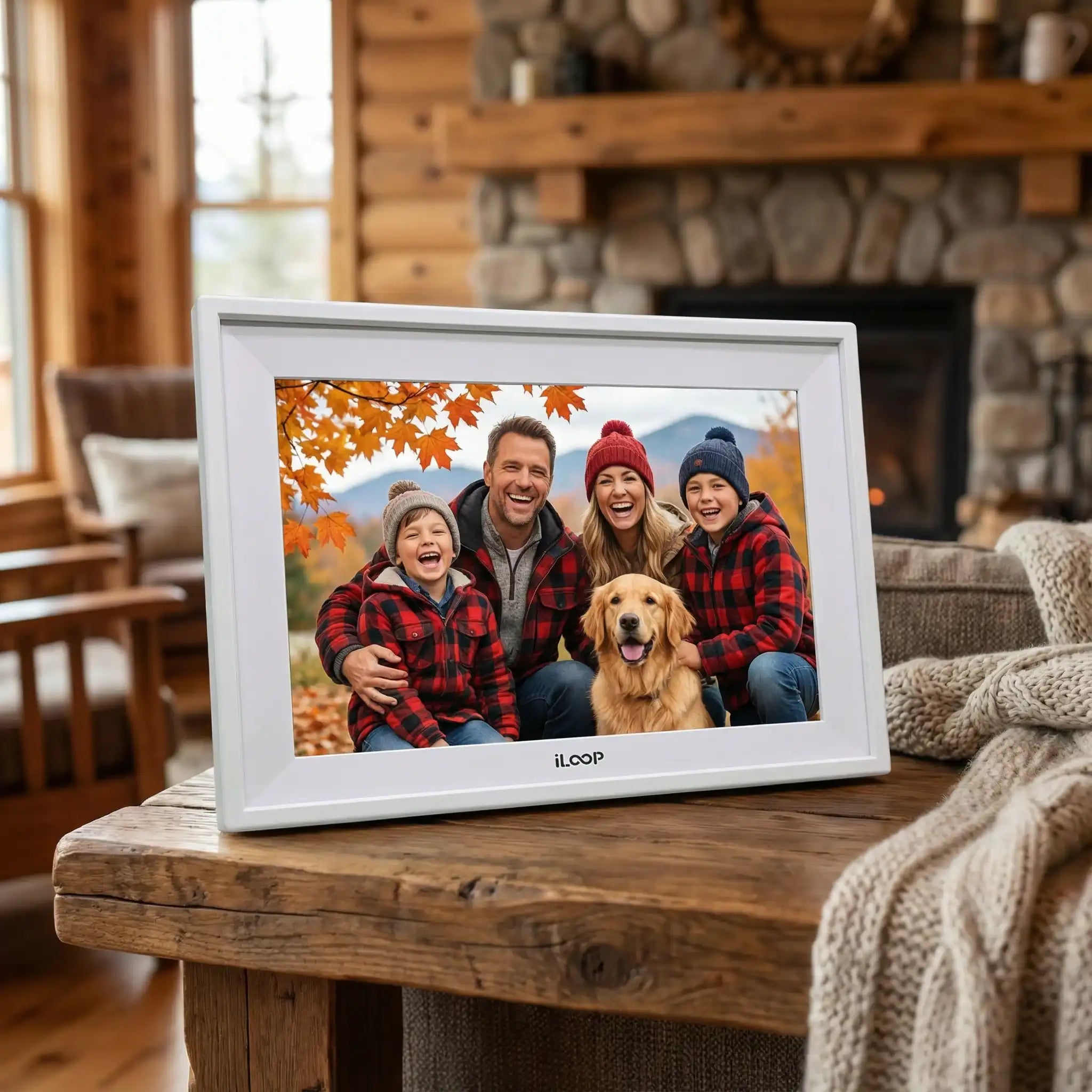 iLoop digital calendar and photo frame on rustic table displaying family picture, cozy home setting, TUTT