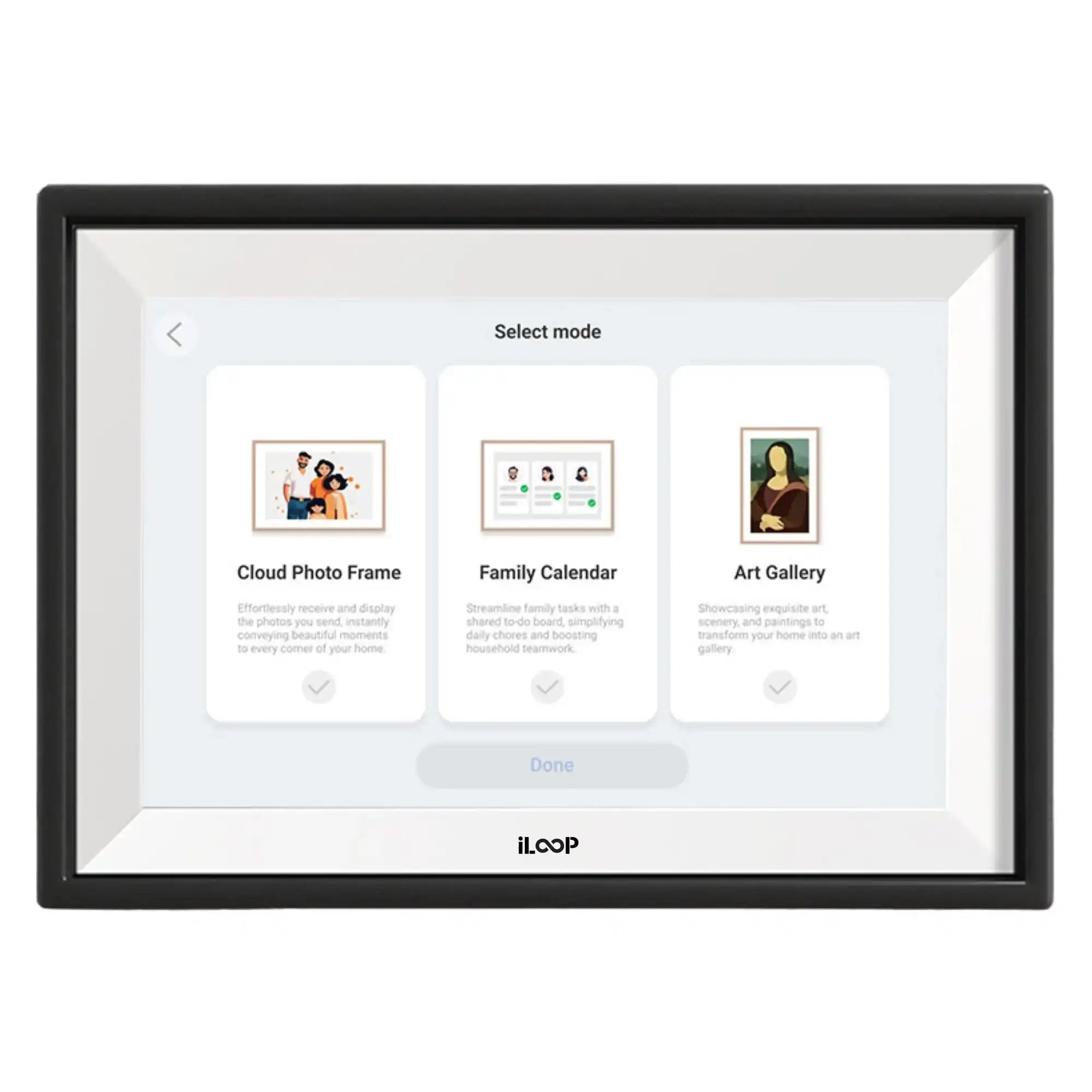 iLoop 15.6-inch digital calendar and Wi-Fi photo frame displaying mode selection on touchscreen, TUTT