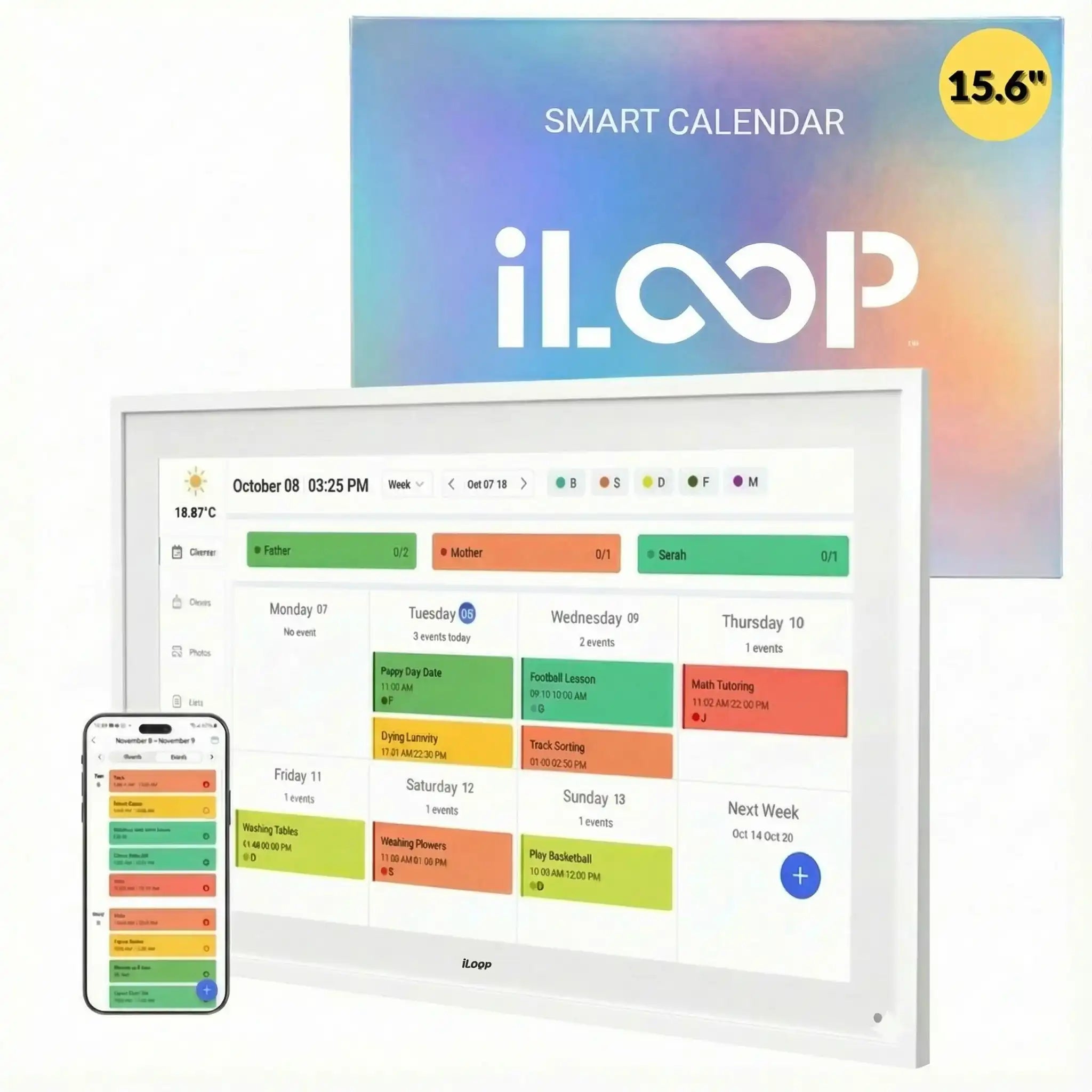15.6-inch digital smart calendar and Wi-Fi photo frame with touchscreen display, iLoop model, event overview shown on screen with mobile calendar sync. TUTT