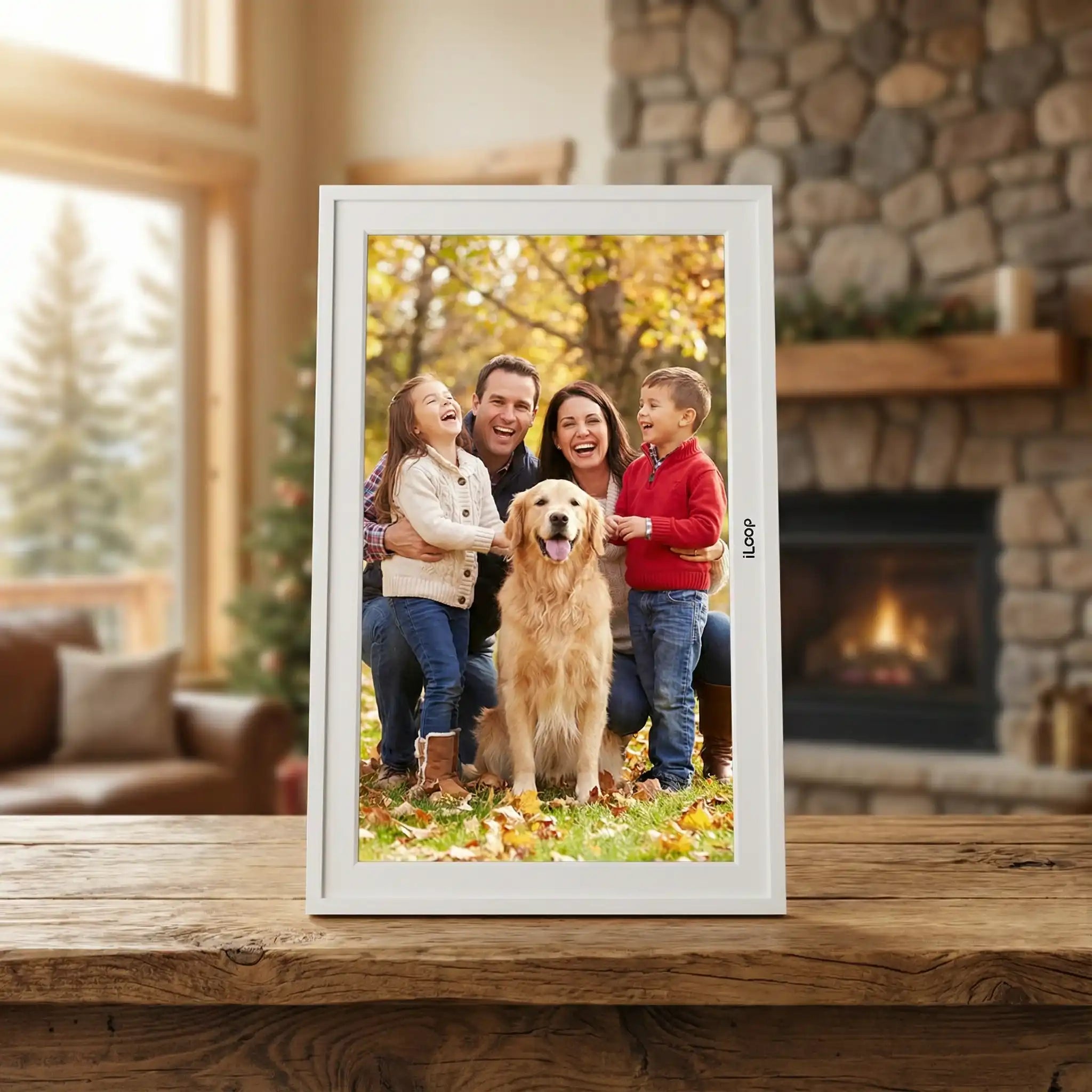 White digital photo frame displaying family and dog, on wooden table in cozy living room, TUTT
