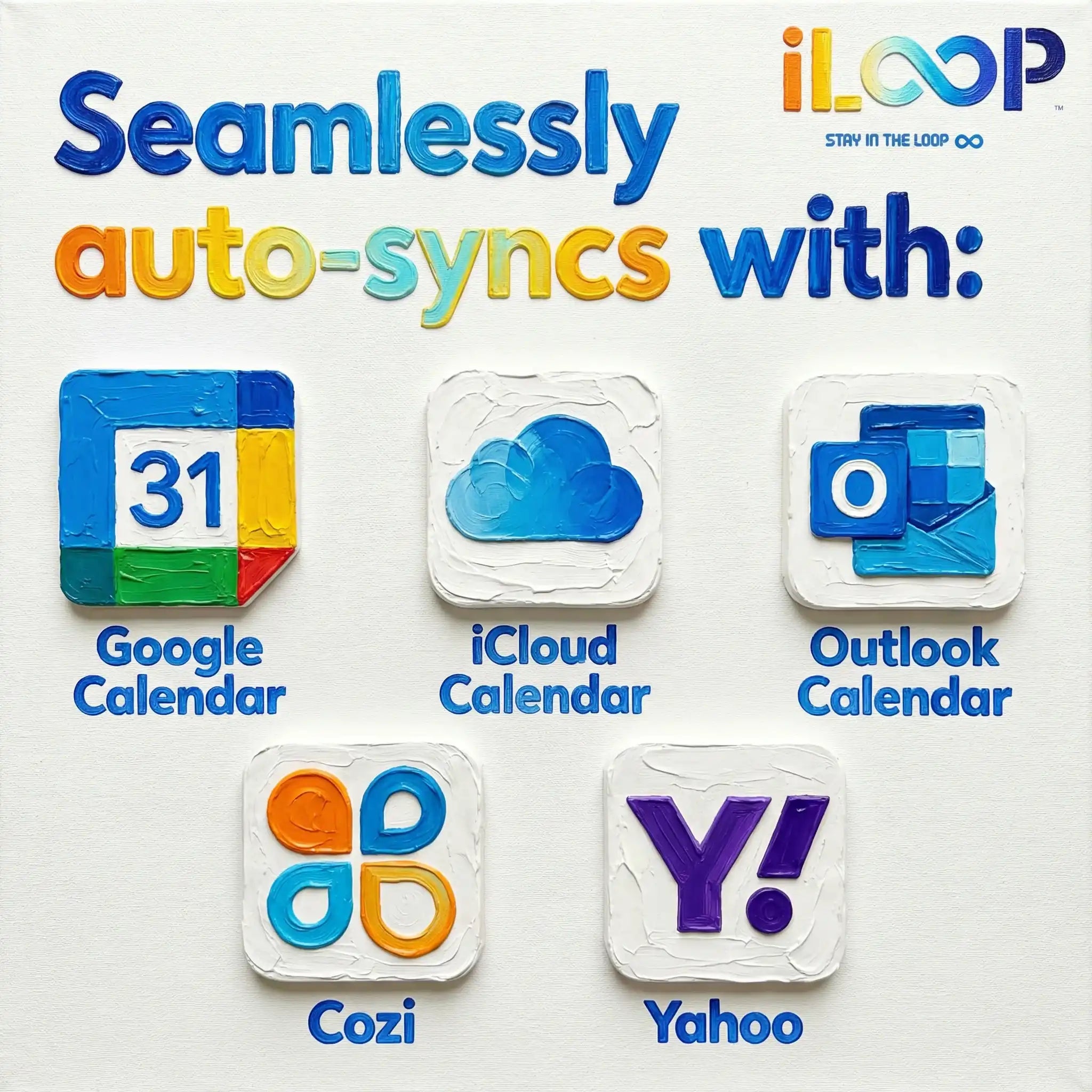 Digital calendar display showing seamless auto-sync with Google, iCloud, Outlook, Cozi, and Yahoo. TUTT