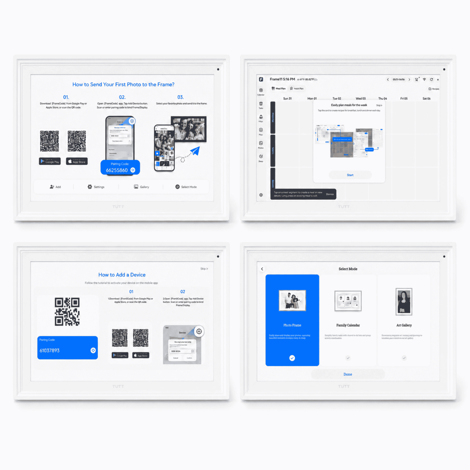 Set of user interface screens with QR codes and app functionalities on a white background