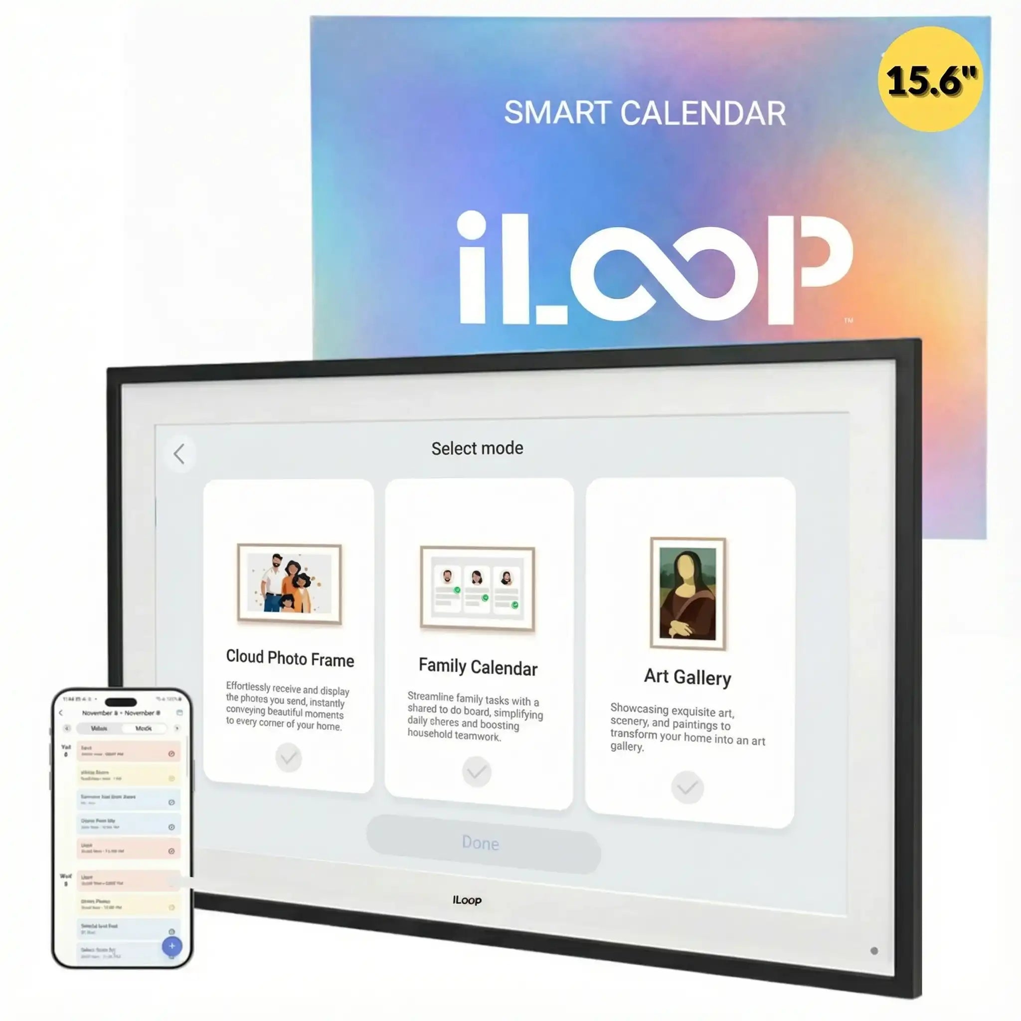 15.6-inch iLoop digital calendar touchscreen with Wi-Fi, cloud photo frame, family calendar, and art gallery modes displayed, next to a smartphone syncing calendar view. TUTT
