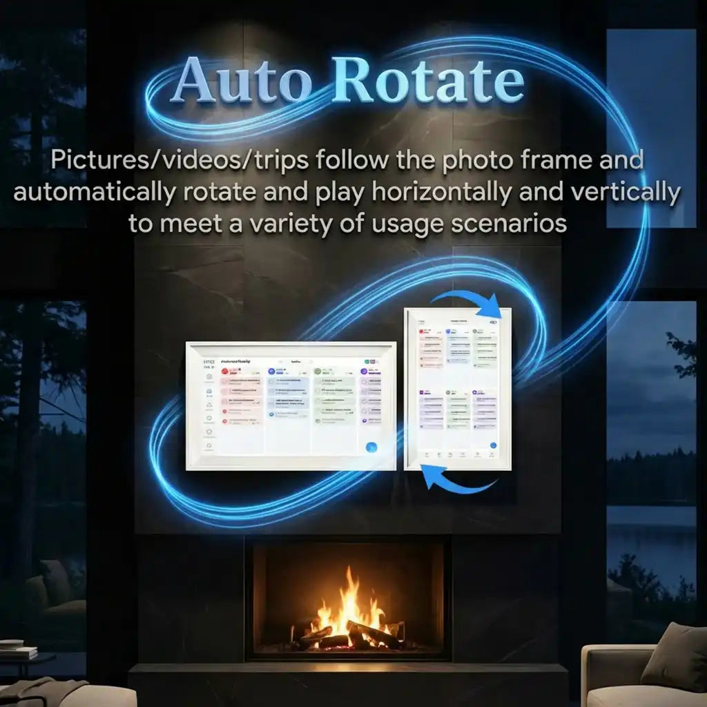 Smart touchscreen digital calendar frame with auto-rotate feature above a modern fireplace, TUTT