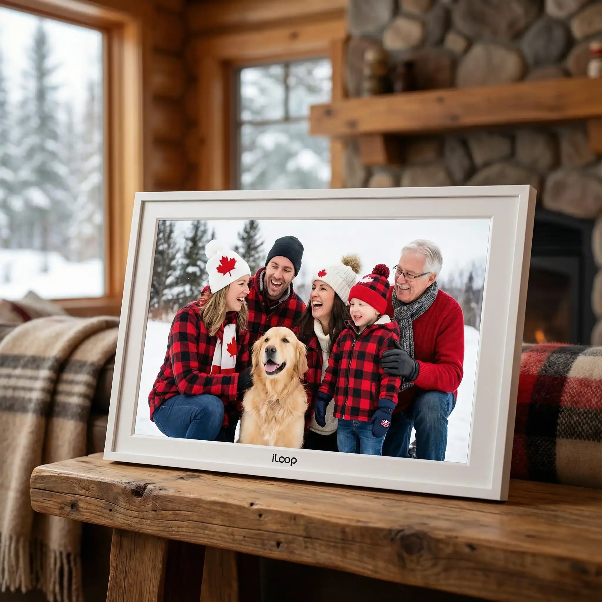 iLoop 15.6 inch smart digital photo frame displaying family and dog in cozy living room, TUTT
