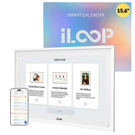 15.6-inch iLoop smart digital calendar touchscreen with family organizer and photo frame, shown with mobile app. TUTT