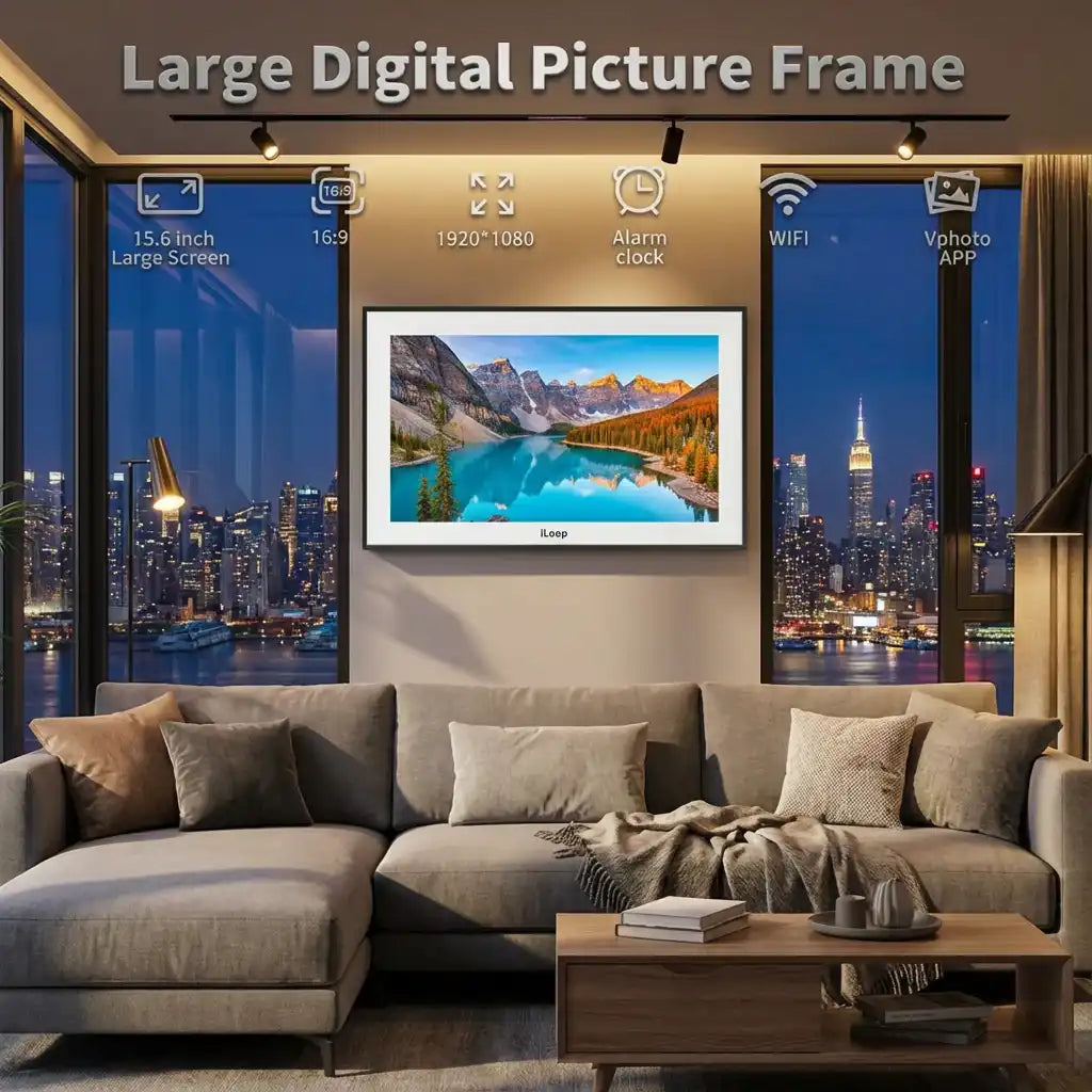 Large digital picture frame with 15.6 inch screen displaying landscape in modern living room, WiFi and alarm clock features. TUTT