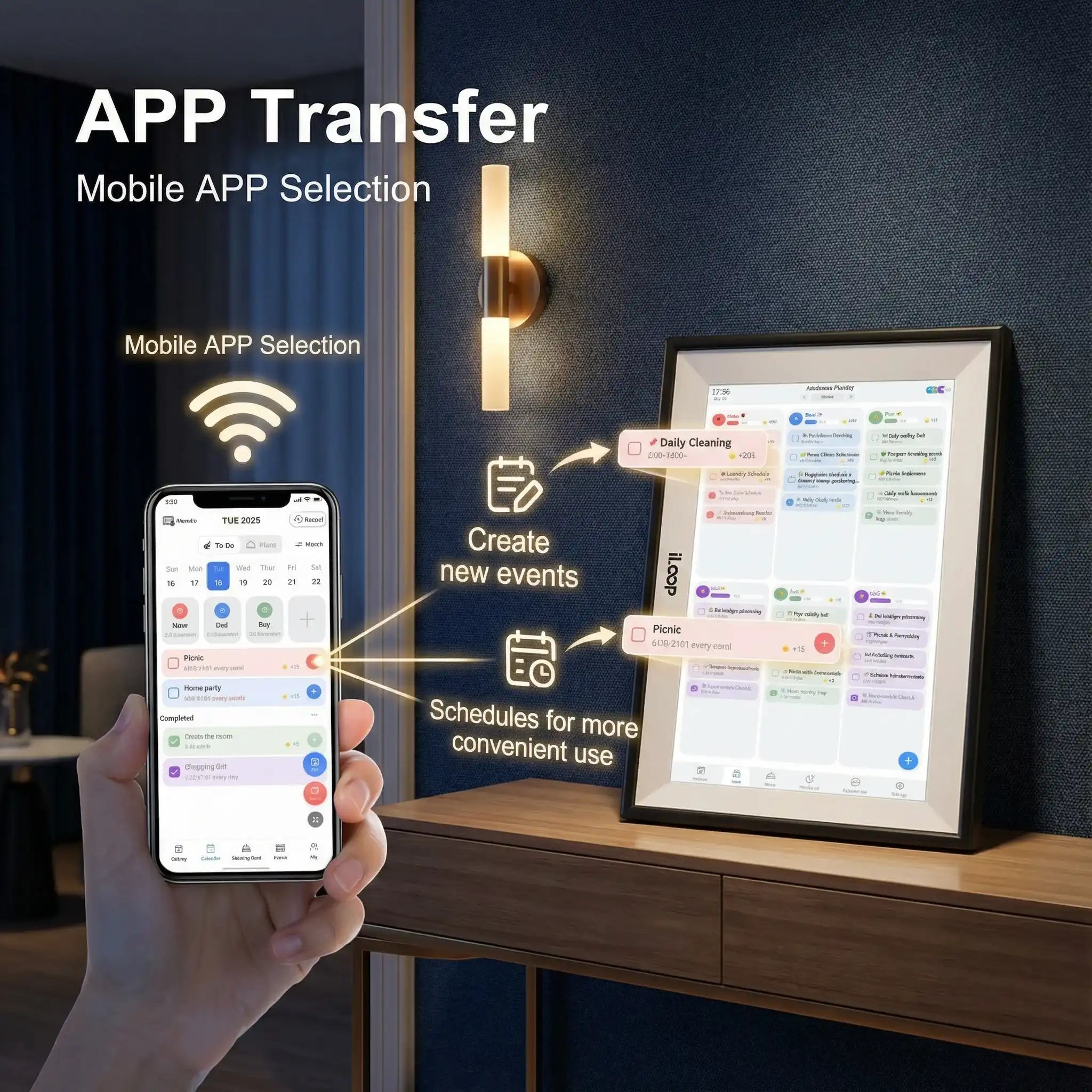 Hand holding smartphone syncing events to digital calendar and chore chart display on desk, TUTT