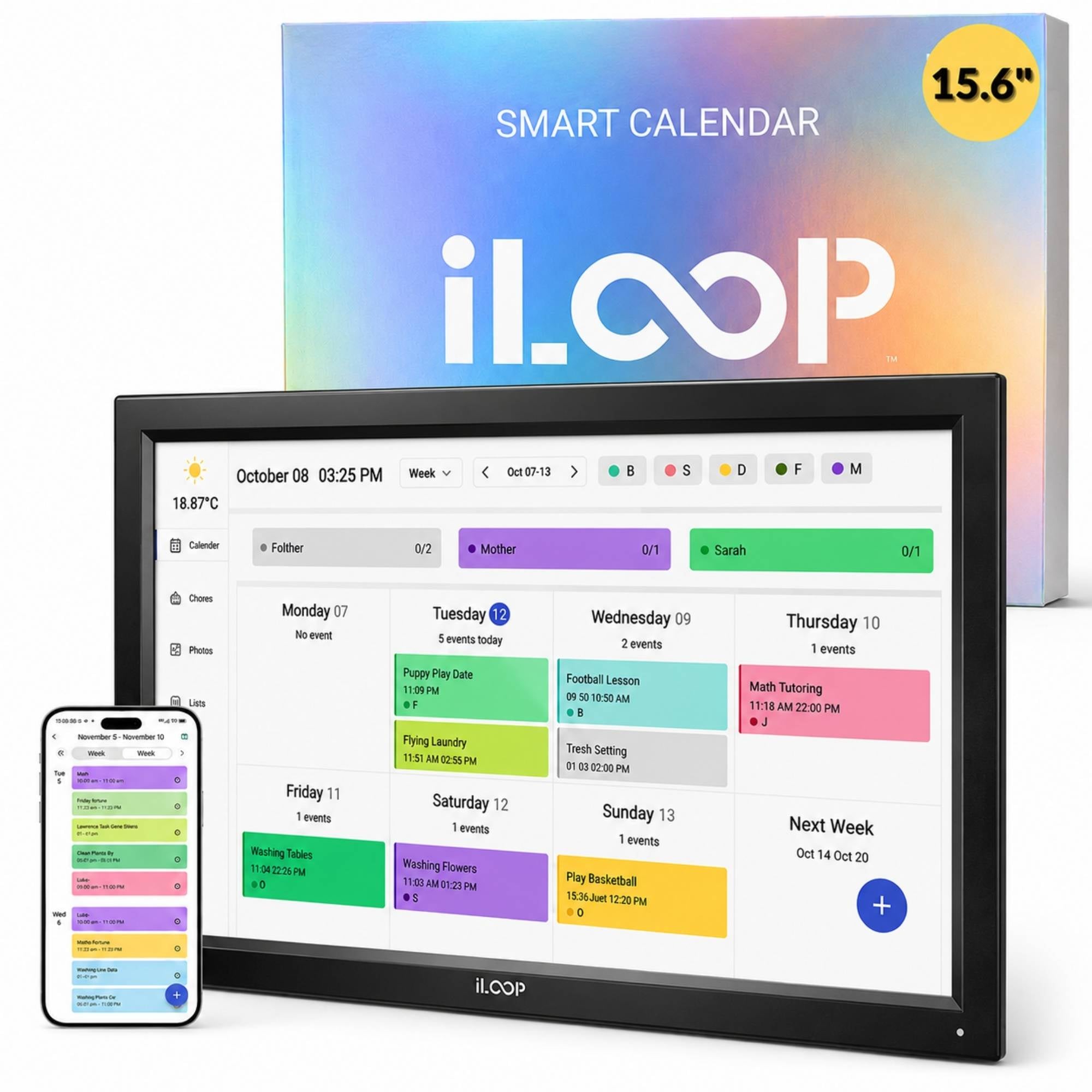 iLoop Calendrier numérique 15,6" 32 Go | Calendrier, cadre photo et vidéo Wi-Fi, galerie d'art | Fonctionnalités premium sans abonnement, écran tactile